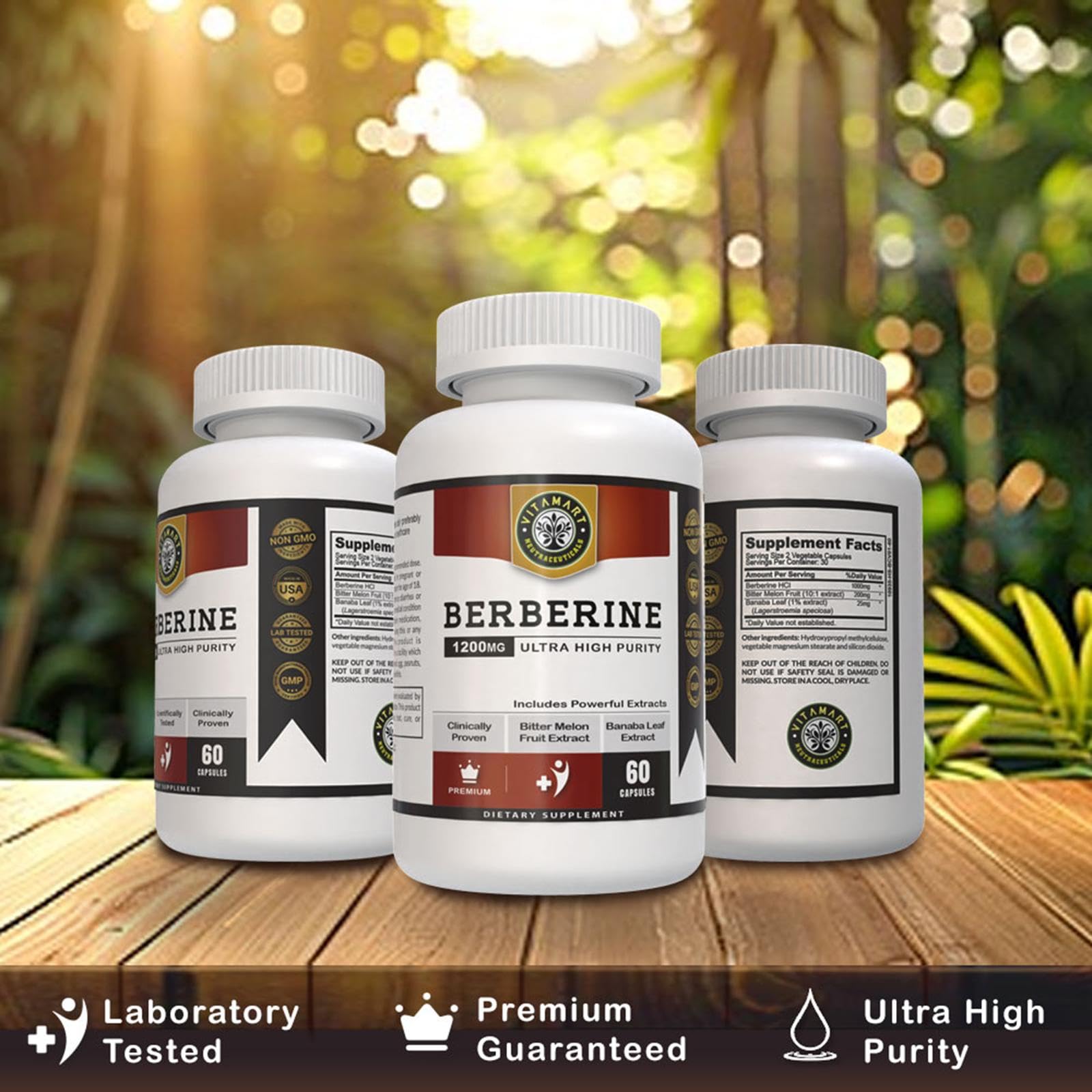 Vitamart Berberine HCL 1200mg Premium, Ultra High Purity, Pure 60 Capsules - Berberine Supplement, Supports Immune System, Berberine Plus Enhanced with Bitter Melon Fruit & Banaba Leaf Extract - Medaid International