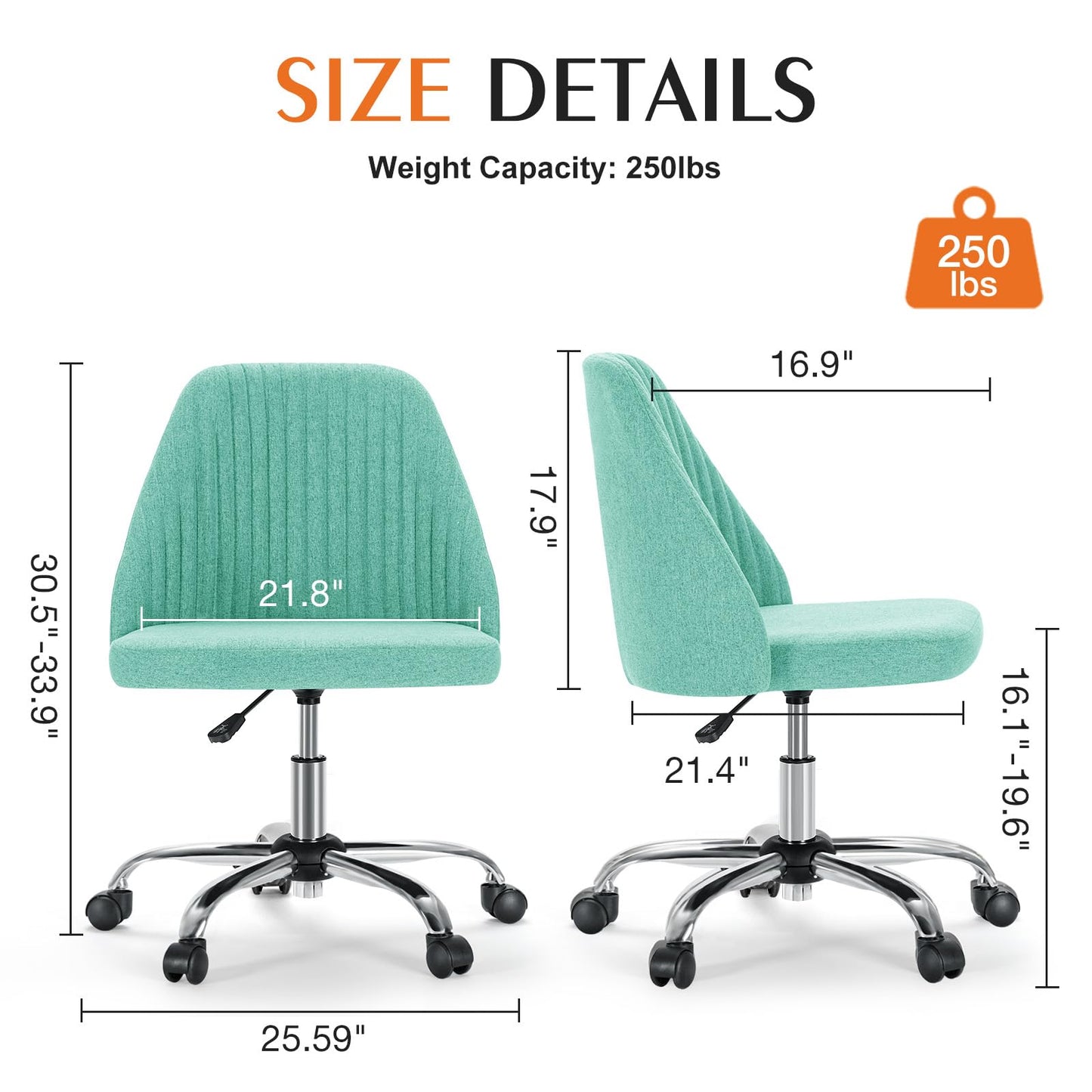 Sweetcrispy Armless Office Chair, Modern Fabric Home Office Desk Chairs with Wheels Adjustable Swivel Task Computer Vanity Seat for Small Spaces - Medaid International