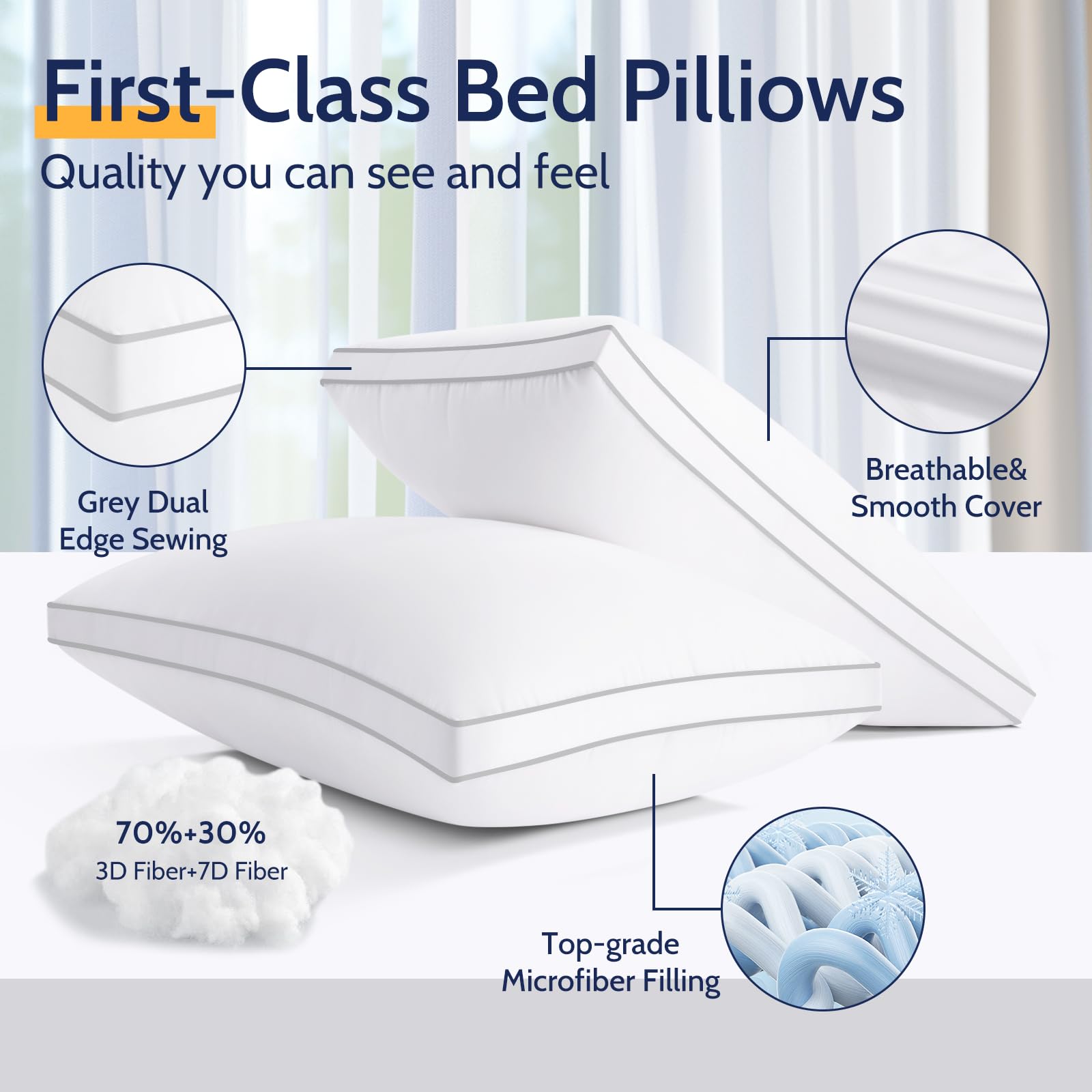 ROUMEA Pillows Queen Size Set of 2, Gusseted Bed Pillows for Sleeping 2 Pack, Luxury Hotel Quality, Supportive Queen Pillow with Soft Down Alternative for Back Stomach Side Sleepers, Machine Washable - Medaid International