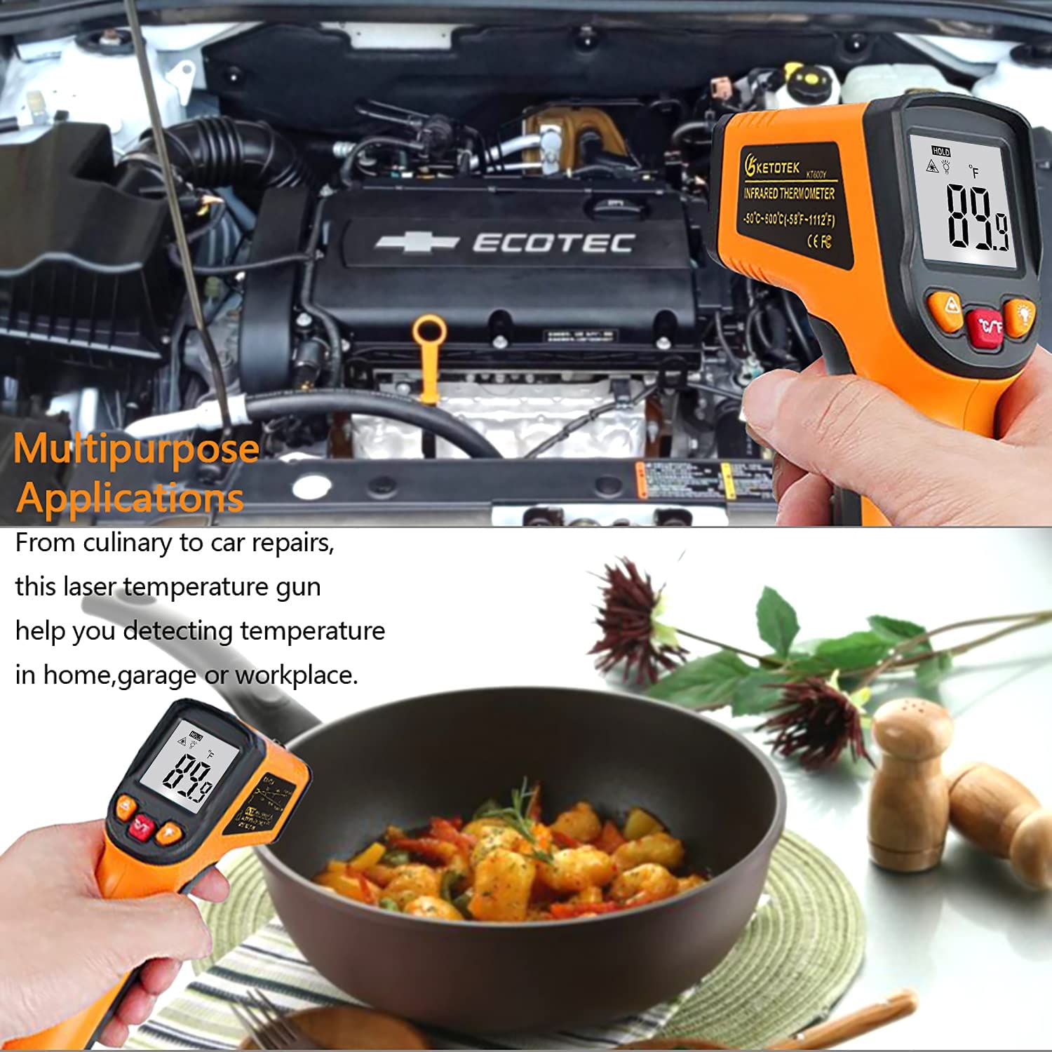 Ketotek Digital Infrared Thermometer Temperature Gun -58°F-1112 °F(-50°C - 600°C) Handheld Non Contact IR Laser Thermometer KT600Y for Cooking Meat Refrigerator Pool Pizza Oven BBQ Food - Medaid International