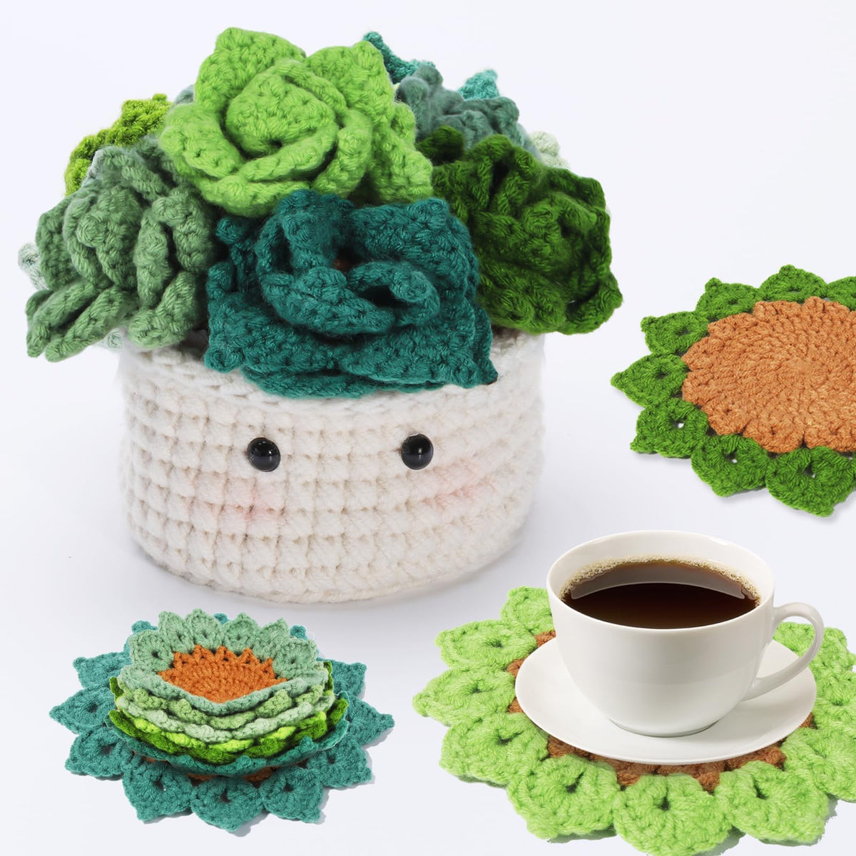 KASTWAVE Crochet Kit for Beginners - 6pcs Coasters in a Plant Pot Crochet Start Kit, Complete Beginner Crochet Kit with Crochet Hooks, Yarn, Clear Video Tutorials for Adult Beginners