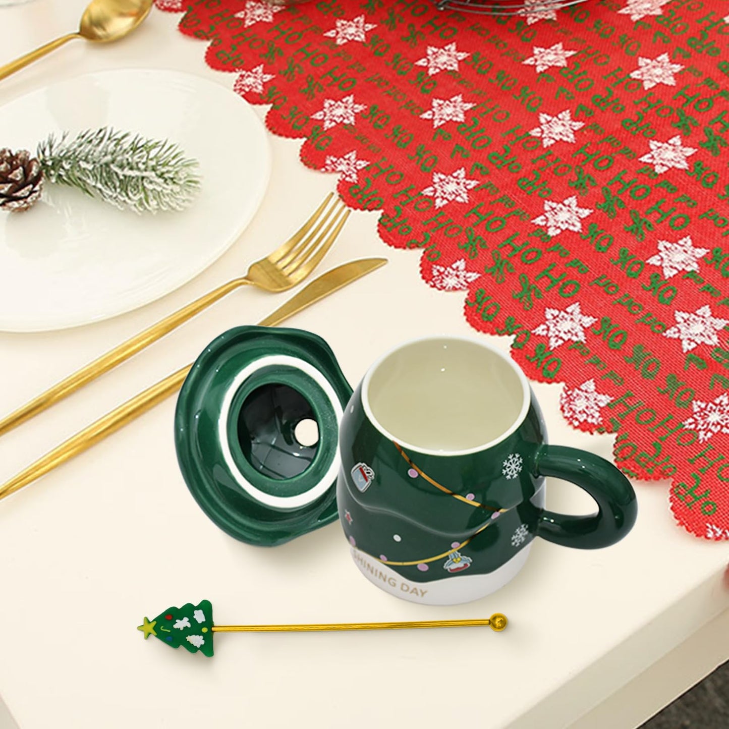 Peclek 14 oz Christmas Tree Mug with Lid and Spoon Decorations, Cute Festive Ceramic Coffee Cup, Winter Xmas Holiday Birthday Tabletop Drinkware Teacup Gifts for Adults Kids Men Women (Green) - Medaid International