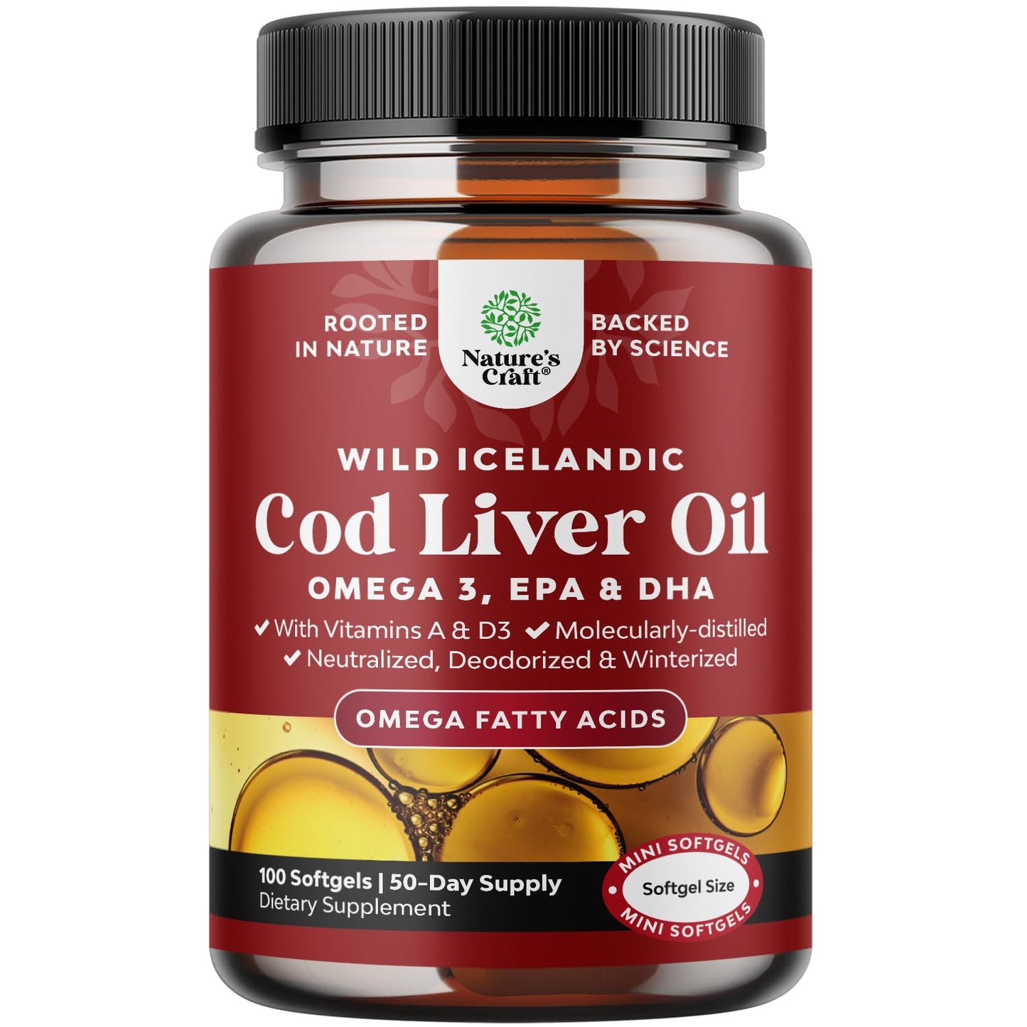 Icelandic Wild Caught Cod Liver Oil Softgels - Fish Omega 3, EPA, DHA, Vitamin D & A, 1000mg Per Serving - Burpless Capsules for Heart, Joint, Brain & Immune Support - 100 Count - Medaid International