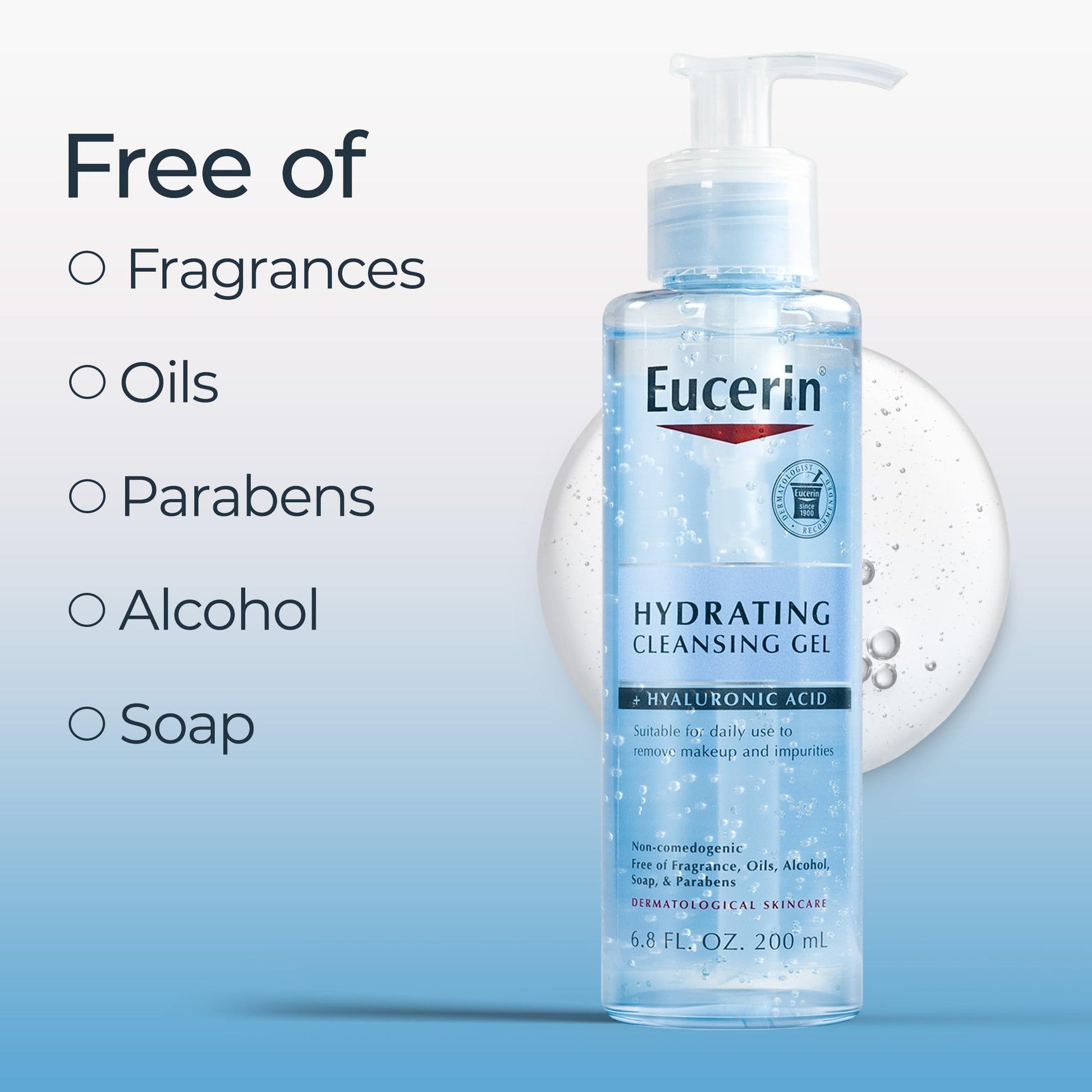 Eucerin Hydrating Cleansing Gel, Daily Face Wash and Makeup Remover Formulated with Hyaluronic Acid, 6.8 Fl Oz Bottle - Medaid International