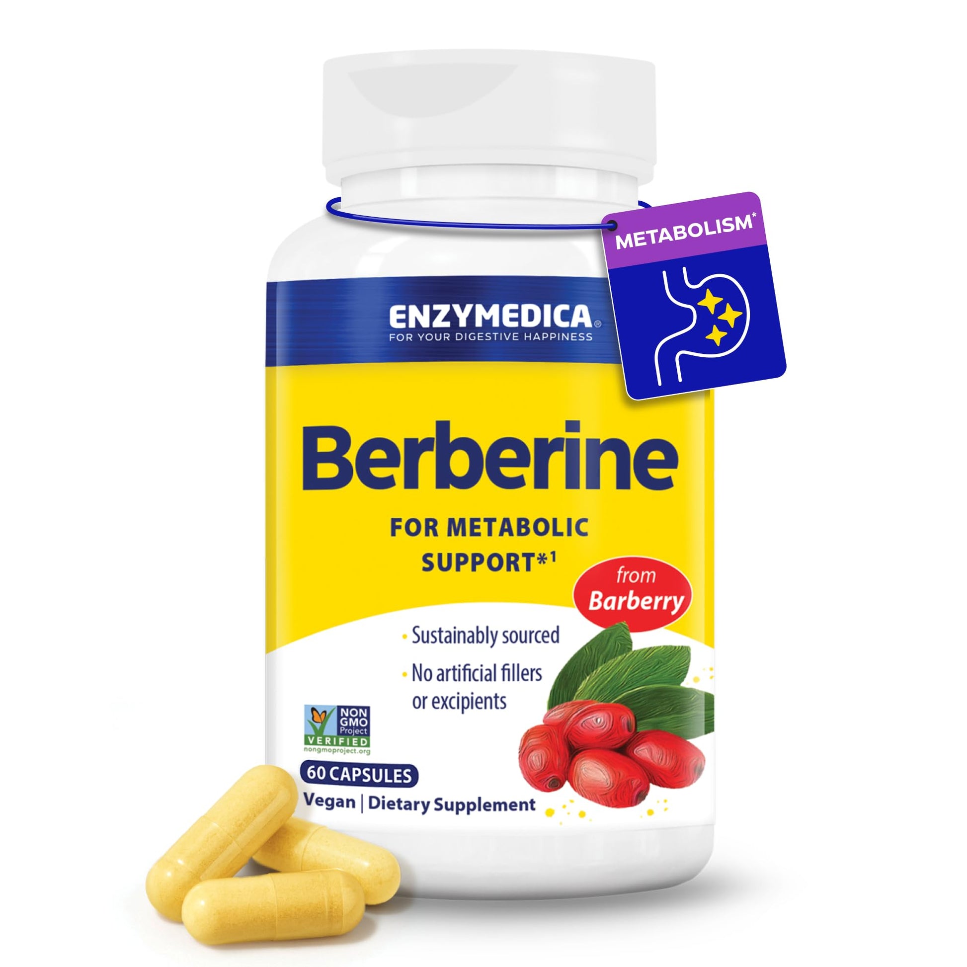 Enzymedica, Berberine Supplement, HCl, 510mg, Berberine, for Overall Health and Wellness, Vegan, No Artificial fillers, 60 Count - Medaid International