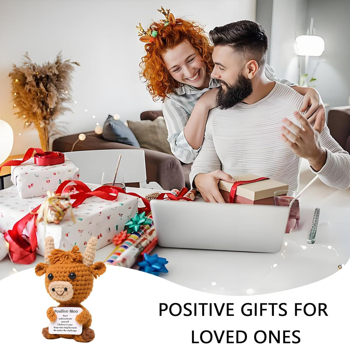 KASTWAVE Mini Positive Crochet Cow, Handmade Highland Cow Toy with Encouragement Card, Cute Crochet Animal Gift for Friends, Birthday, Good Luck & Desk Decoration