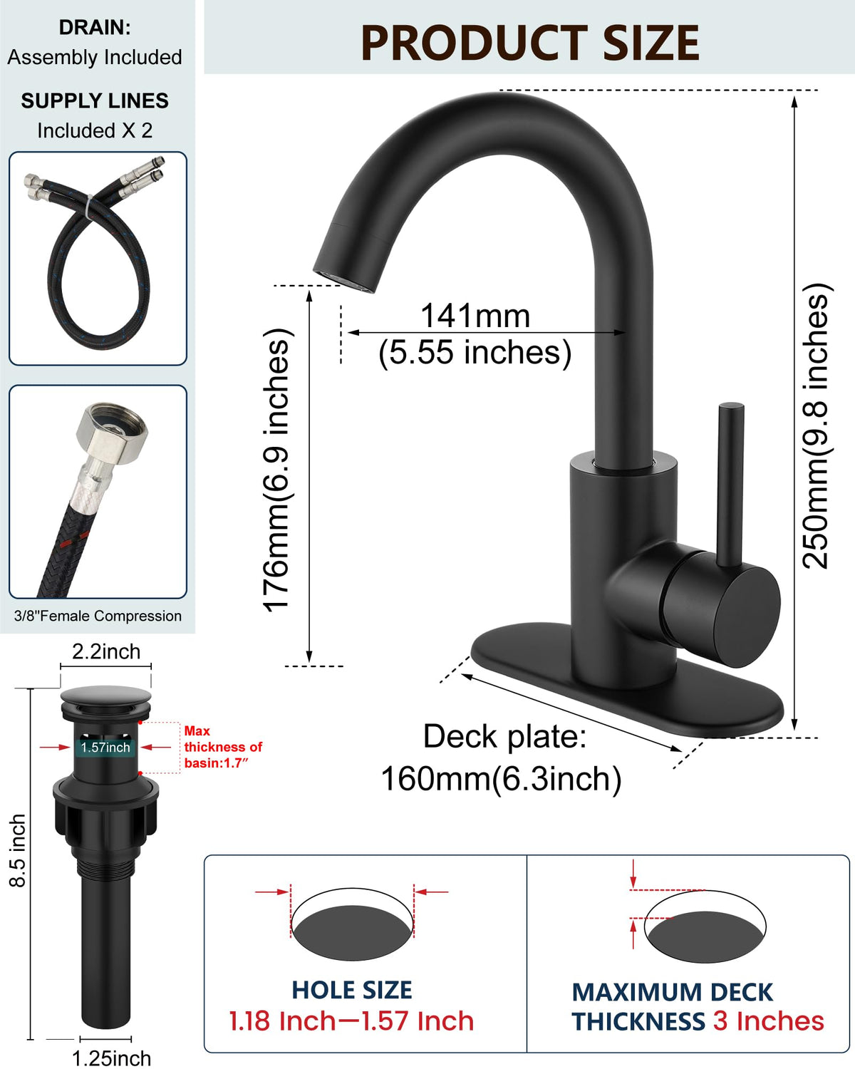 Midanya Matte Black Bathroom Sink Faucet Deck Mount SUS304 Stainless Steel Lavatory Mixer Tap 1 Hole Single Handle with Cover Plate Include Pop Up Drain with Overflow Commercial