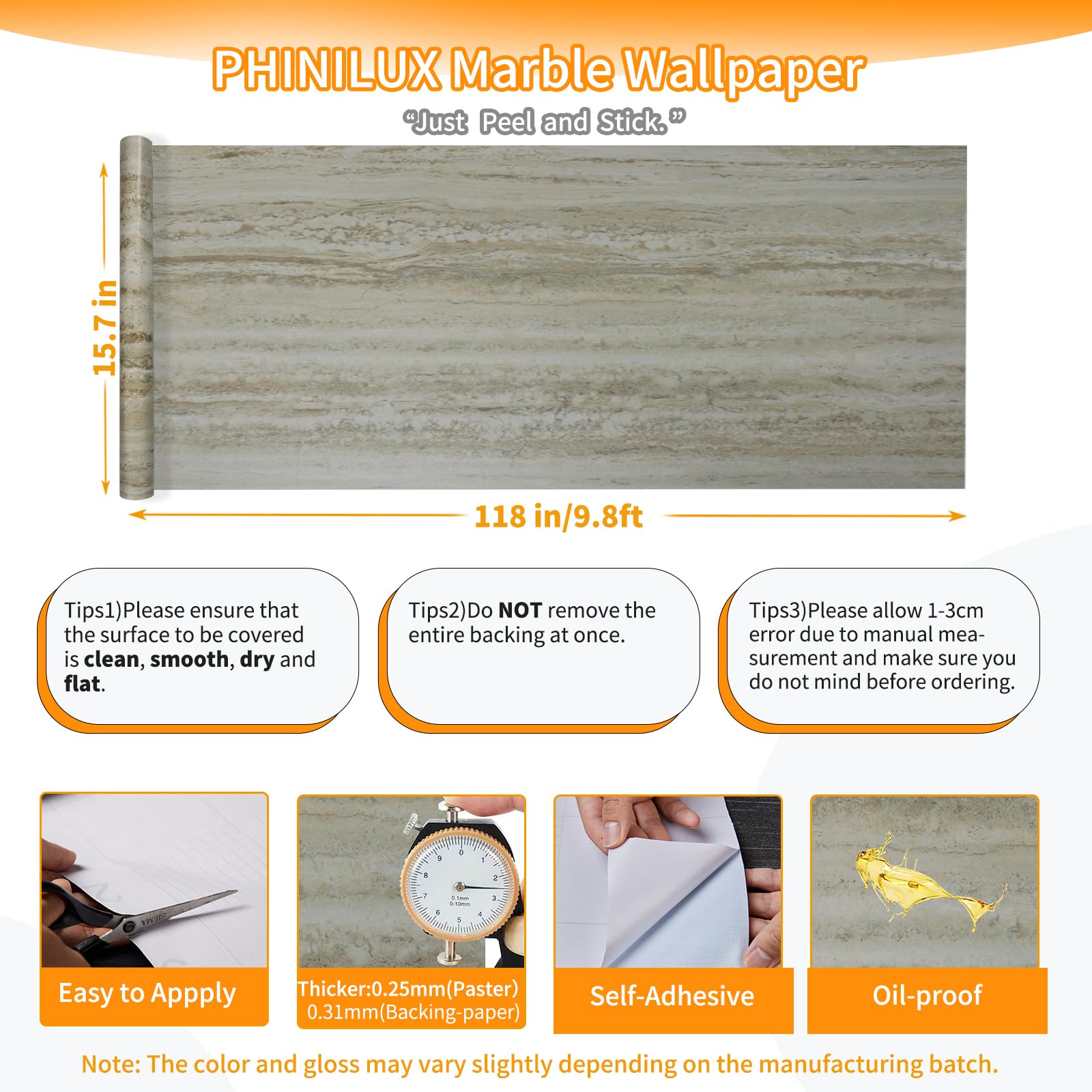 PHINILUX Marble Contact Paper for Countertops Cover - 15.7" X 118" Beige Travertine Peel and Stick Wallpaper - Removable Self Adhesive Thick Granite Vinyl Film Roll - Medaid International