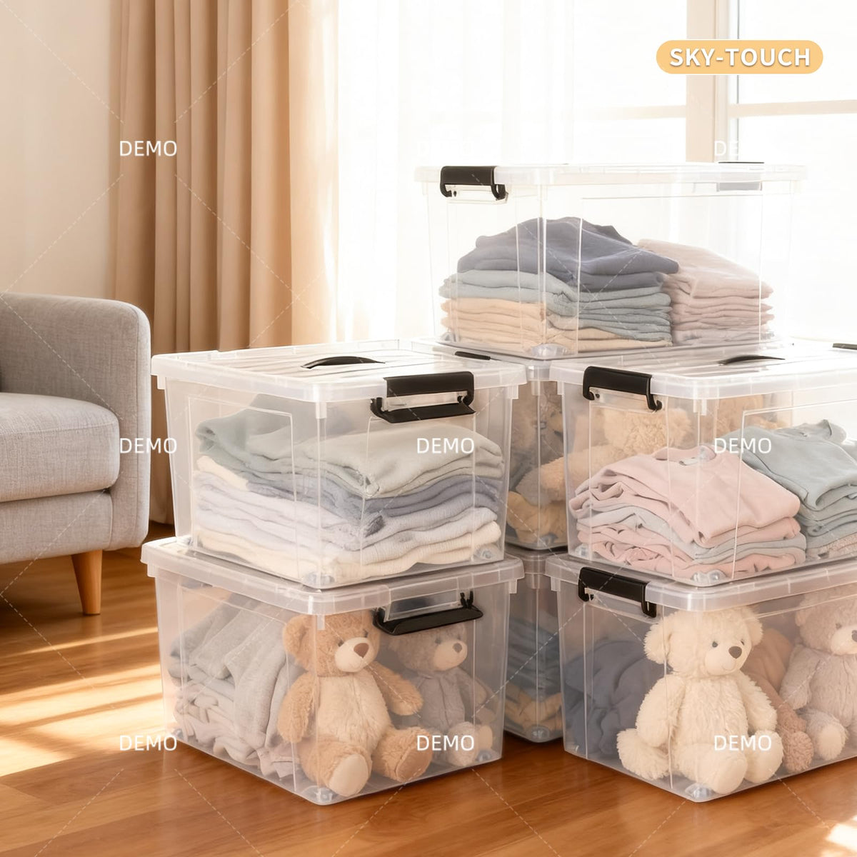 SKY-TOUCH 100 Liters Clear Plastic Storage Box with Lockable Lid & Wheels,Plastic Organizer Bin with Handles,for Storing Clothes, Toys, Tools,70x51x43cm,1pcs XL Large Size