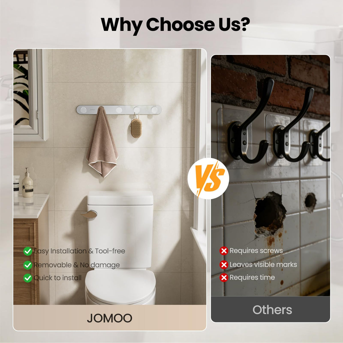 JOMOO Bathroom Robe Hook, Stainless Steel 2 Pack Adhesive Wall Hooks for Bathroom,No Drill Towel Hooks for Bathrooms, Metal Robe Hook Rack Wall Mount