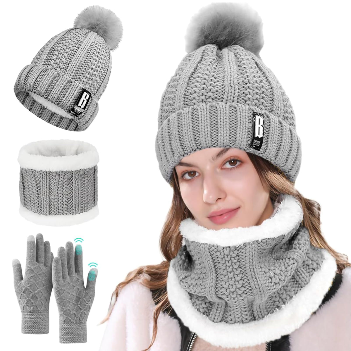 KASTWAVE 3PCS Winter Warm Hat Scarf Gloves Set, Beanie Warm Cotton Scarves, Winter Beanie Hat Scarf Gloves Set For Women Men