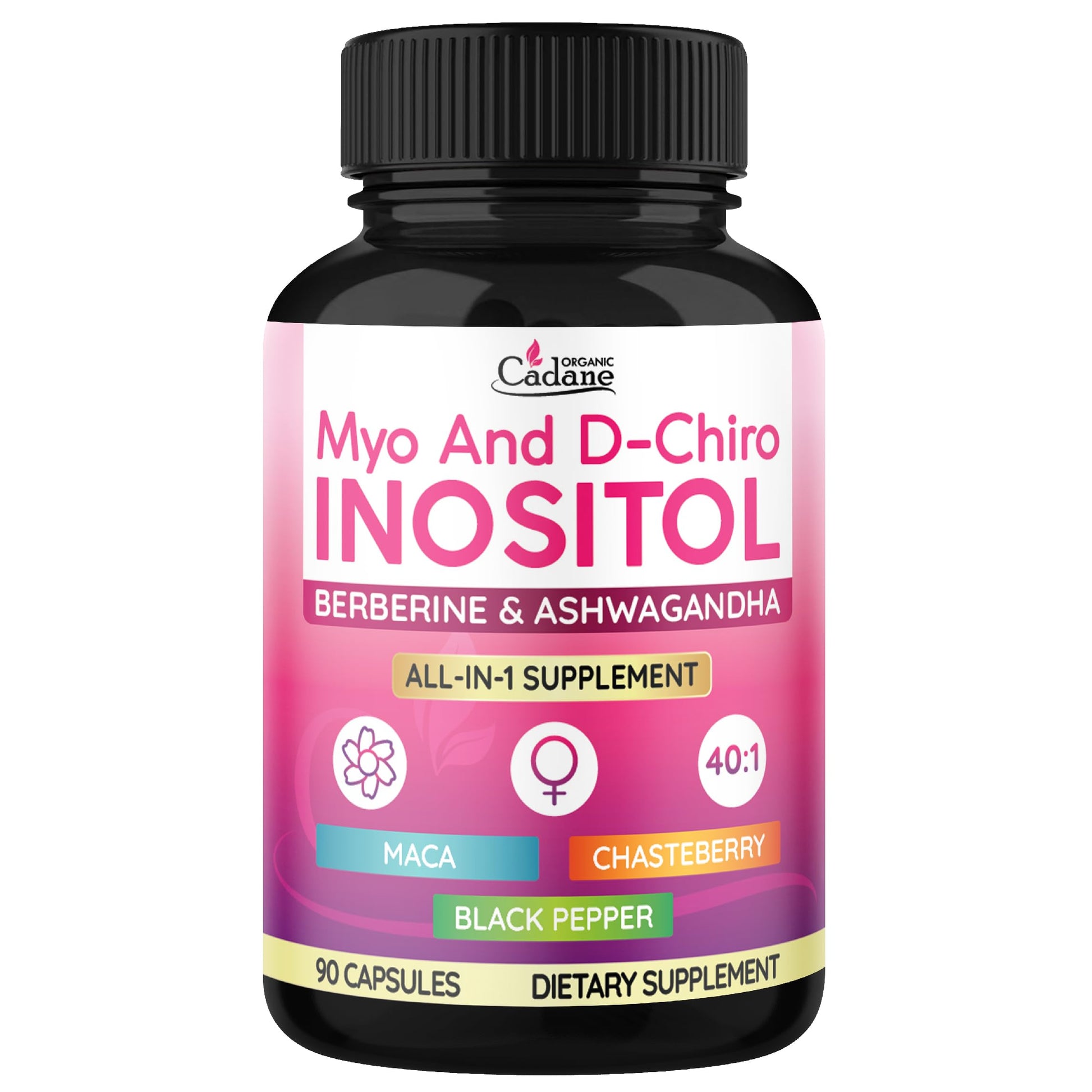 Organic Cadane Myo & D-Chiro Inositol Supplement | Formula with Ashwagandha, Maca, Chasteberry, Berberine & Black Pepper | Supports Women's Balance & Wellness | Vegan, Non-GMO - 90 Capsules - Medaid International