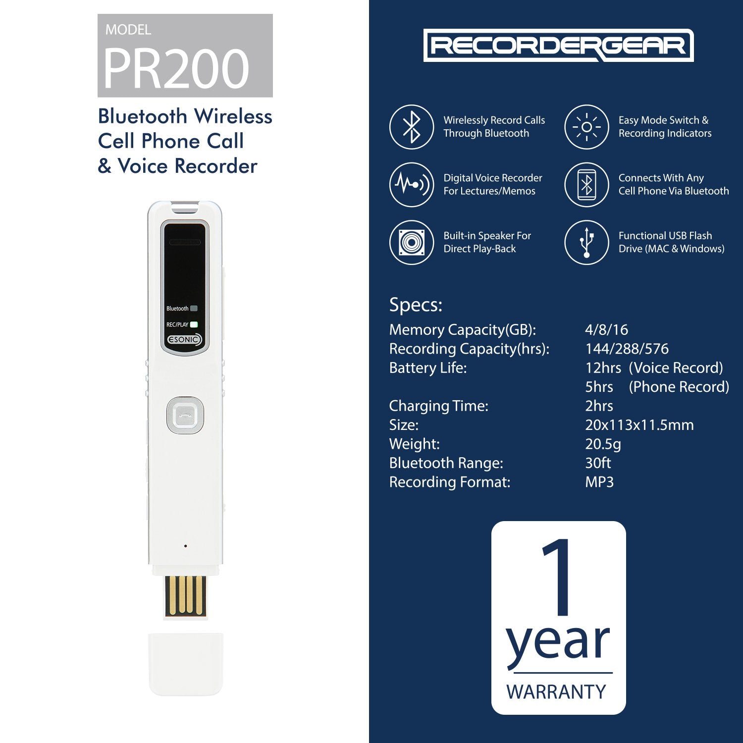 RecorderGear PR200 Cell Phone Call Recording Device, Bluetooth Enabled, iPhone and Android Mobile Recorder - Medaid International