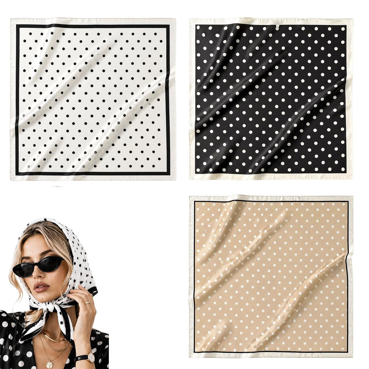 TERRIFI Polka Dot Print Head Scarf for Women, 3 Pcs Satin Square Scarf, Multipurpose Fashion Accessory, Silk Feel Scarves for Hair Wrapping, Neck Scarf, Shawl Wrap & Fashion Styling, 27"