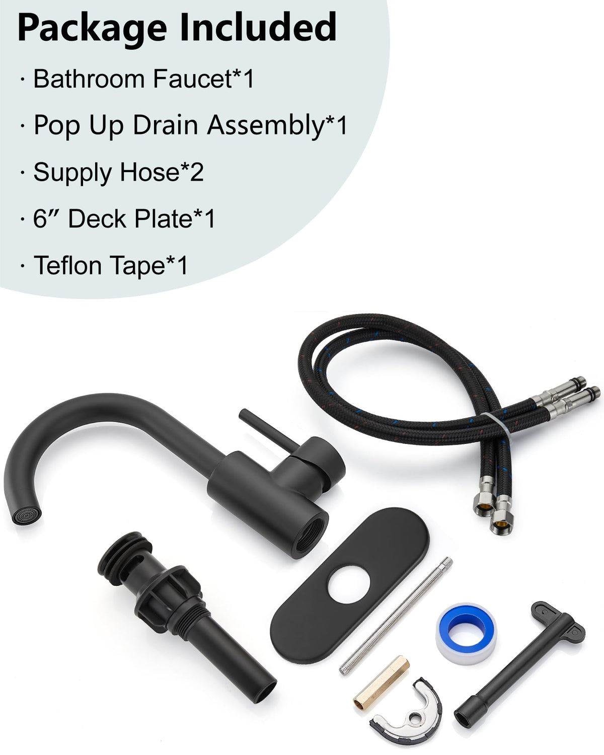 Midanya Matte Black Bathroom Sink Faucet Deck Mount SUS304 Stainless Steel Lavatory Mixer Tap 1 Hole Single Handle with Cover Plate Include Pop Up Drain with Overflow Commercial