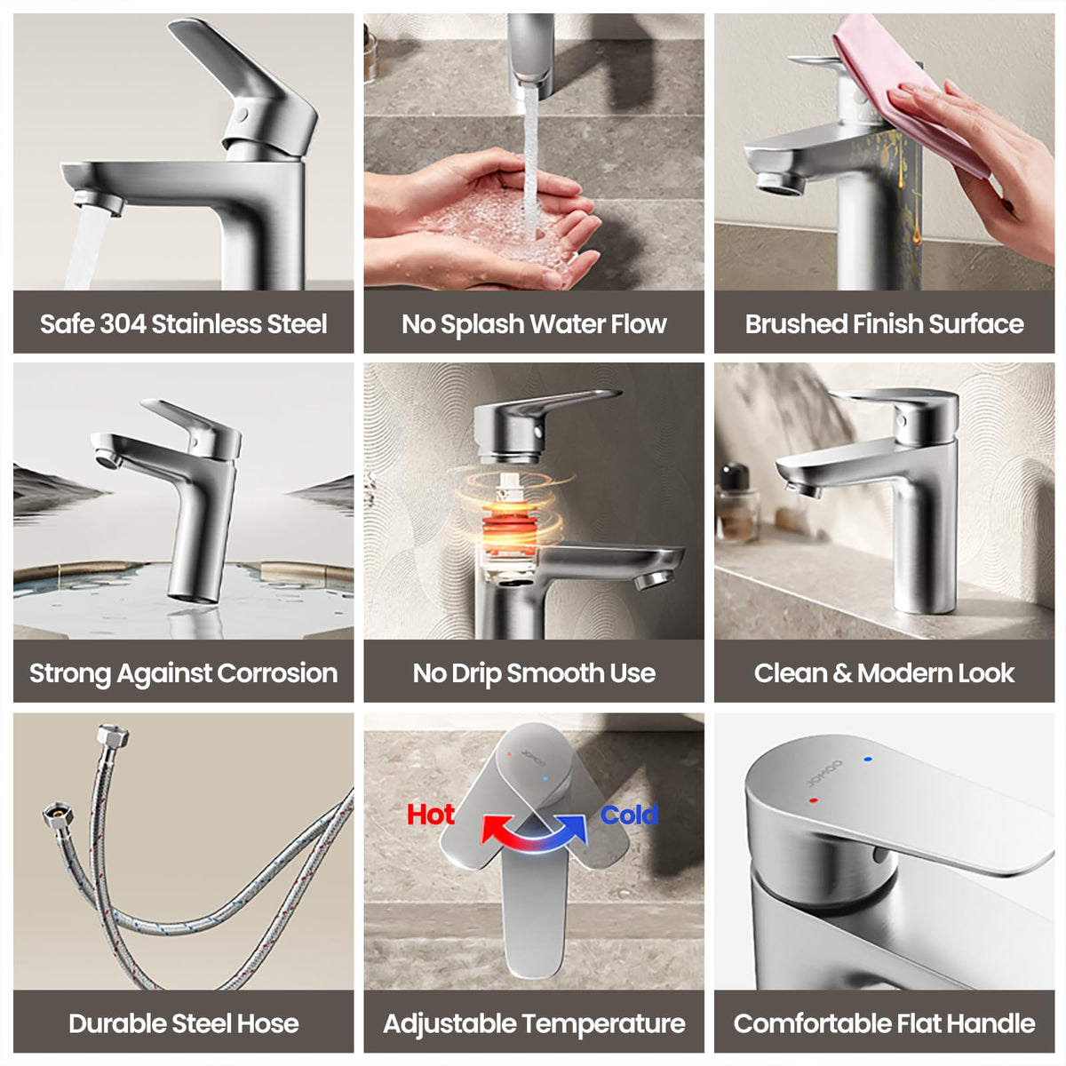 JOMOO Basin Faucet, 304 Stainless Steel Bathroom Sink Faucet with Aerated Flow, Single Handle Hot & Cold Water Mixer Tap, Anti-Leak Lead-Free Lavatory Vanity Tap, Brushed Finshed