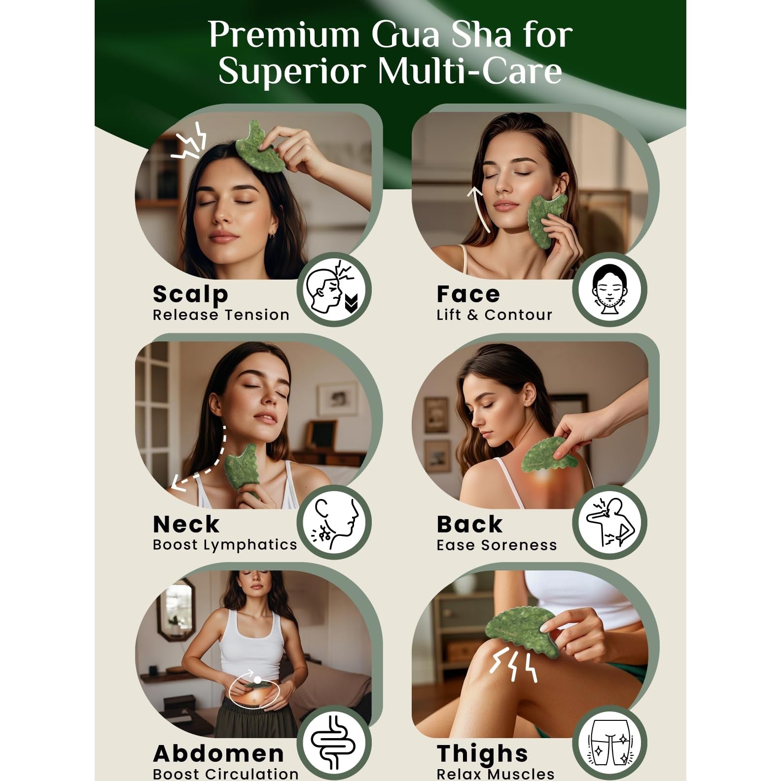 Rena Chris Body Gua Sha Tools, Natural Xiuyan Jade Guasha Tool, Manual Massage Sticks for Jawline Sculpting and Puffiness Reducing, Whole Body Skin Care Massager (Green) - Medaid International