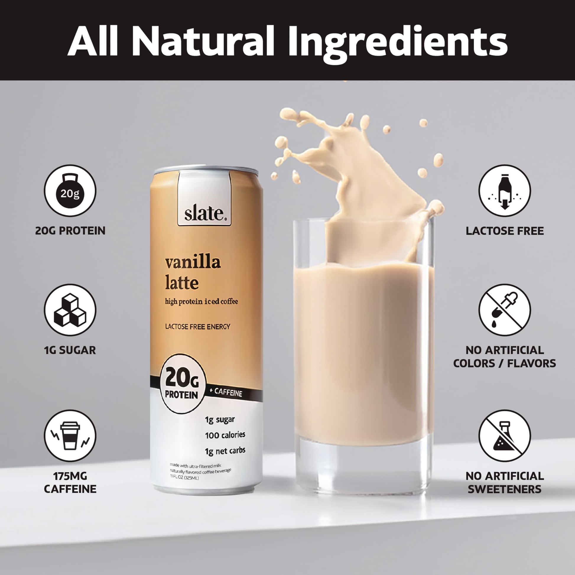 Slate Milk - High Protein Iced Coffee - Vanilla Latte - 175mg Caffeine, Lactose Free Energy - 20g Protein, 1g Sugar, 100 Calories, 1g Net Carbs, No Sugar Added - Protein Coffee - 11 fl oz, 12 Cans - Medaid International