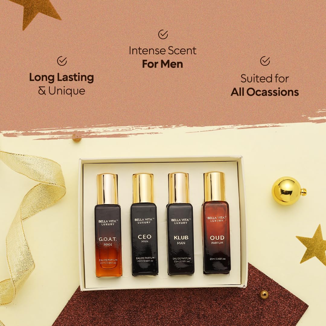 Bella Vita Luxury Long Lasting Perfume Gift Set for Man | 4x20ml | Gifts for Men | Woody, Citrusy, Oud, Premium Fragrance Scent | KLUB, OUD, CEO, G.O.A.T - Medaid International