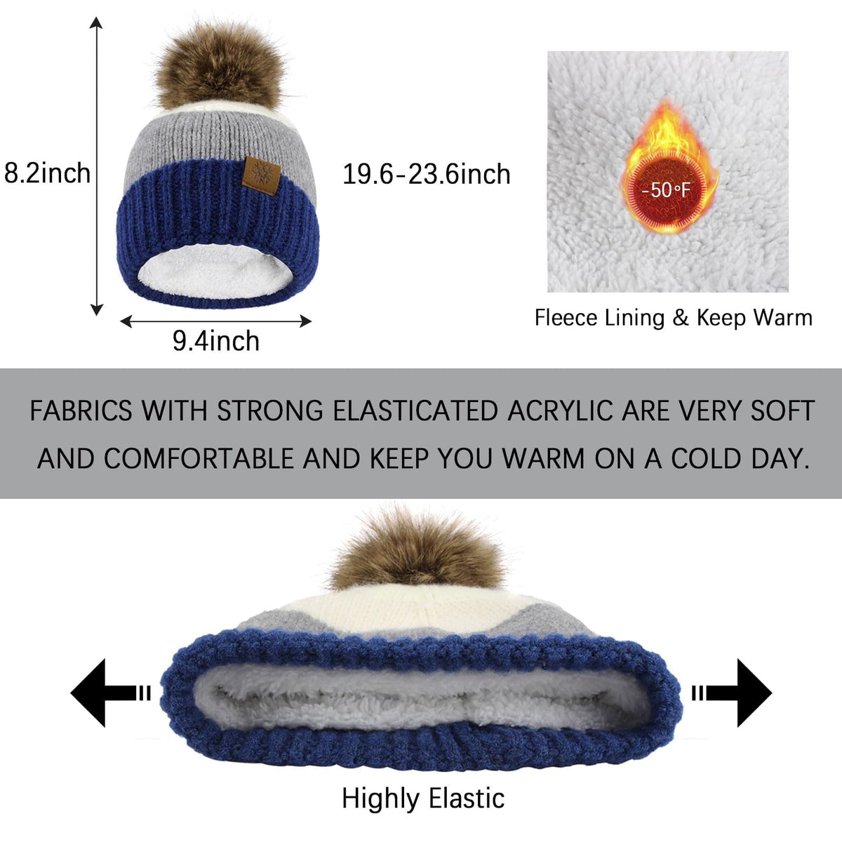 TERRIFI Winter Beanie Hat Scarf and Touchscreen Gloves Set for Women Thermal Fleece Lined 3 Piece Knit Set for Cold Weather Long Thick Scarf and Elastic Skull Cap with Pom-Pom Gray and Blue
