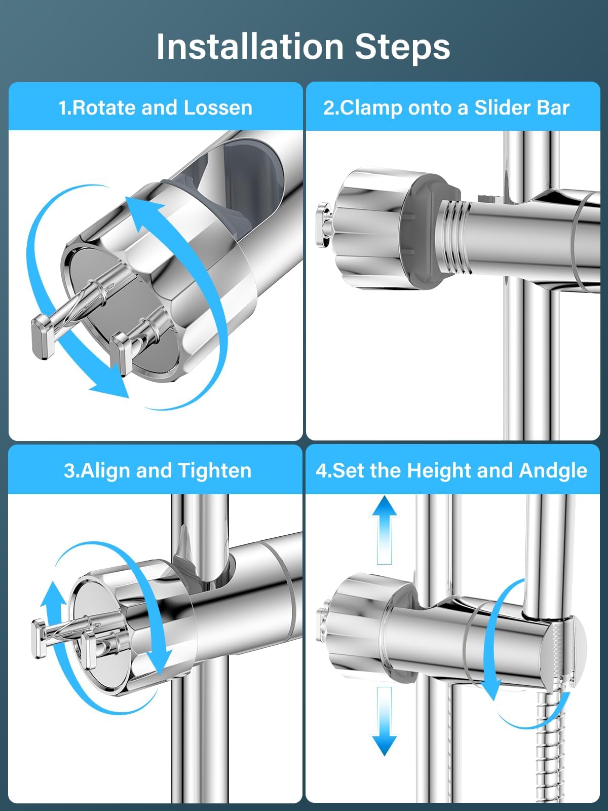 KASTWAVE Shower Head Holder with 2 Hooks, Universal Replacement Adjustable Holder Bracket for 16-28mm, Chrome-Plated+ABS Shower Design Shower Head Holders, Easy Installation for Slide Rod
