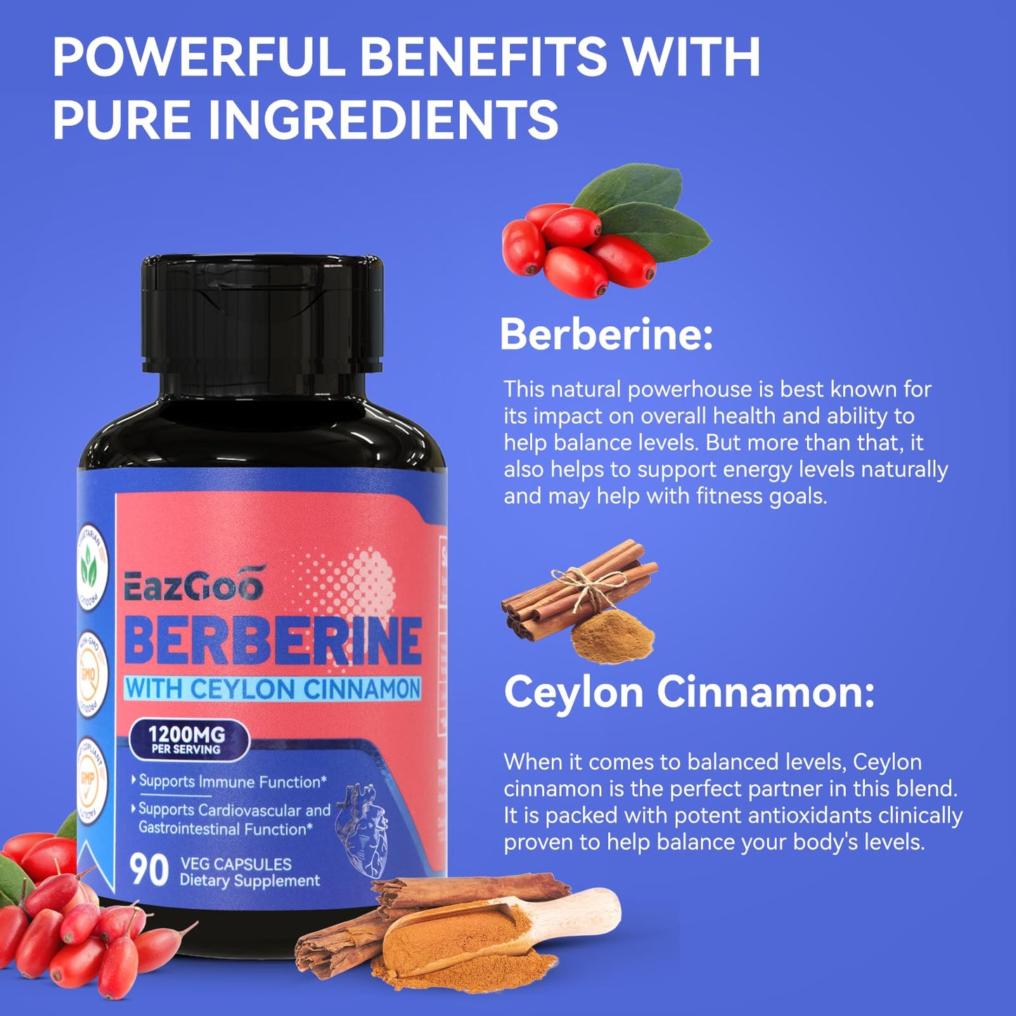 EAZGOO Premium Berberine Supplement 1200mg with Ceylon Cinnamon - 90 Vegan Capsules - Berberine HCL Supplement Non-GMO Gluten Free, Immune Support - Medaid International