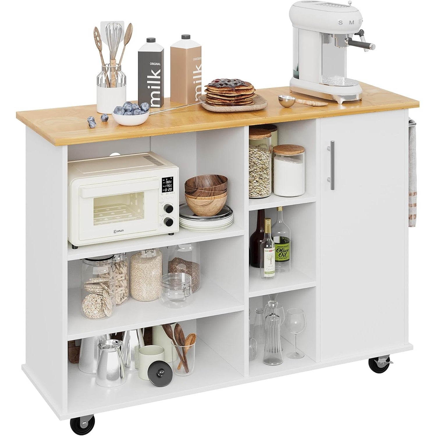 Shintenchi Kitchen Island Cart with Storage,Rolling Kitchen Island Storage Cabinet,Side Table on Wheels with Worktop,3 Open Shelves and 3 Drawers for Kitchen,Dinning Room, White - Medaid International