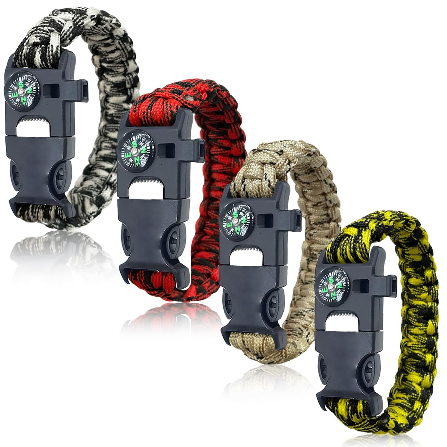 BOSOIRSOU Survival Bracelets 4-Pack | 5-in-1 Paracord Bracelet Set with Fire Starter, Compass & Whistle | Emergency Outdoor Gear for Camping, Hiking