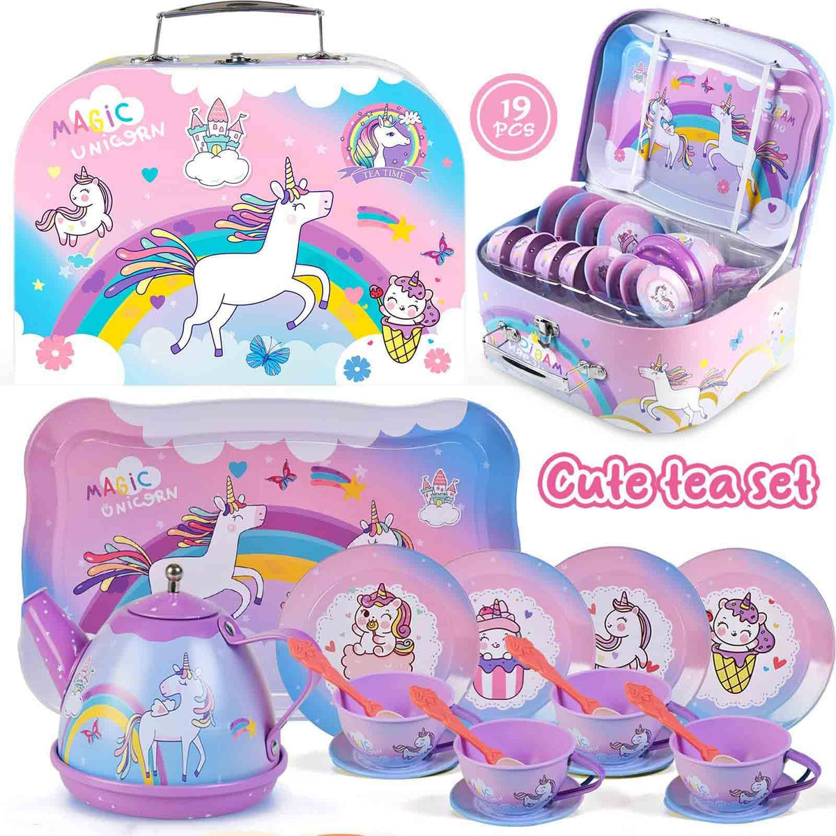 Unicorn Gifts Tea Party Set for Little Girls, Gift for Age 3 4 5 6 Year Old, Princess Tea Set Toys for Little Girls, Kids Kitchen Pretend Toy with Tin Tea Set (Unicorn Theme)
