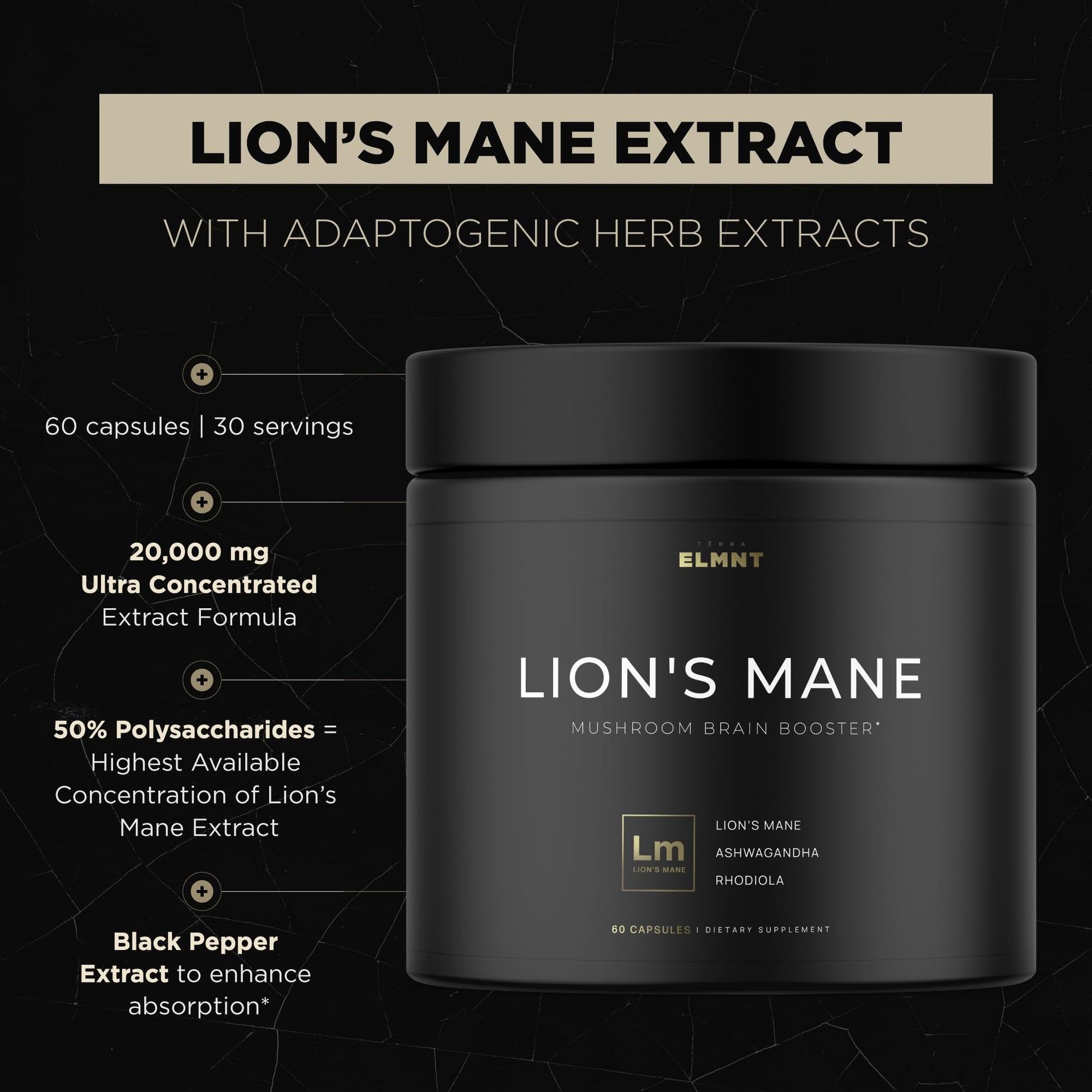 20,000mg 16x Strength Lions Mane Supplement Capsules Super Nootropic w. Ashwagandha & Rhodiola - Highest Potency Lion's Mane Mushroom Extract 50% Polysaccharides Brain Supplements for Memory and Focus - Medaid International