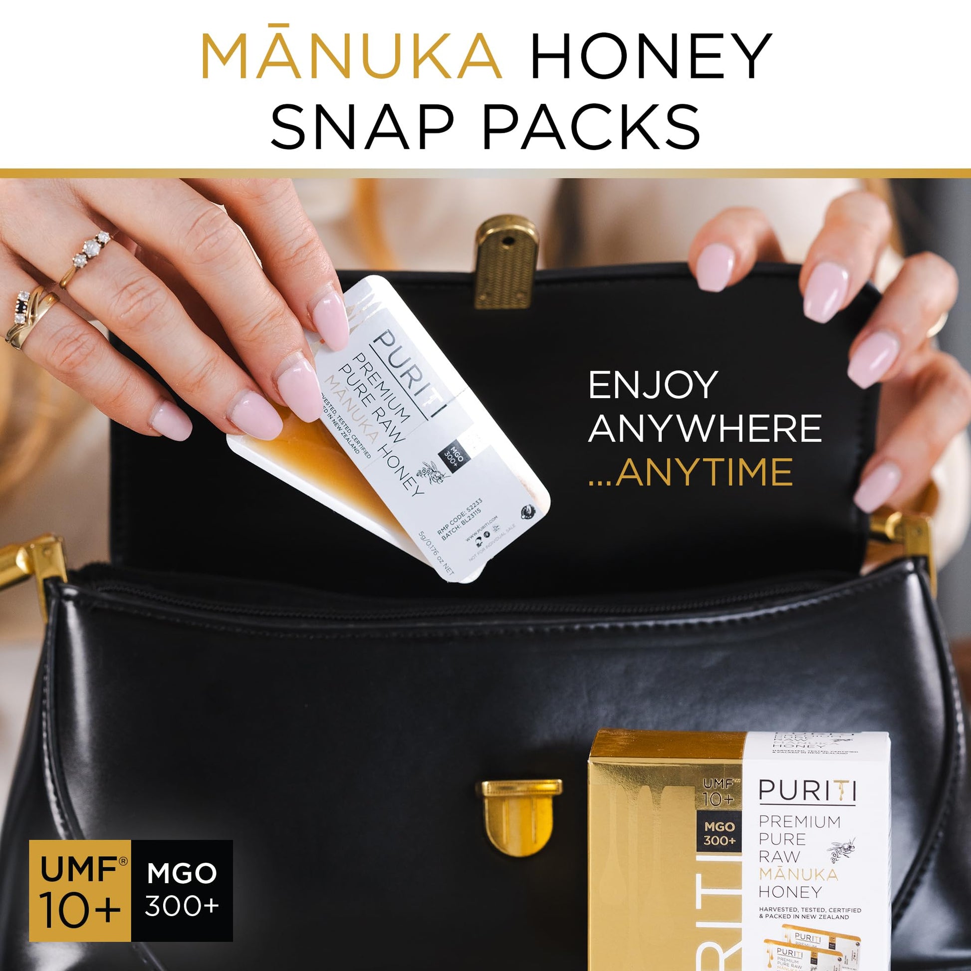 PURITI Genuine Raw Manuka Honey Snaps On The Go - UMF 10+ (MGO300+) 21 x 0.18oz Individual Snap Packets, Single Serve Honey Sticks for Tea, Travel & Snacks, Certified, Authentic Made in New Zealand - Medaid International