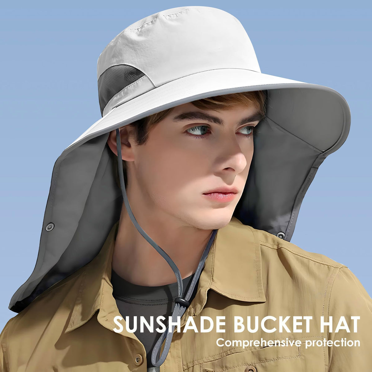 Outdoor Sun Hat for Men, 50+ UPF Protection Safari Cap Wide Brim Pure Cotton Fishing Hat with Neck Flap for Dad, Sunscreen Garden Hiking Beach Desert