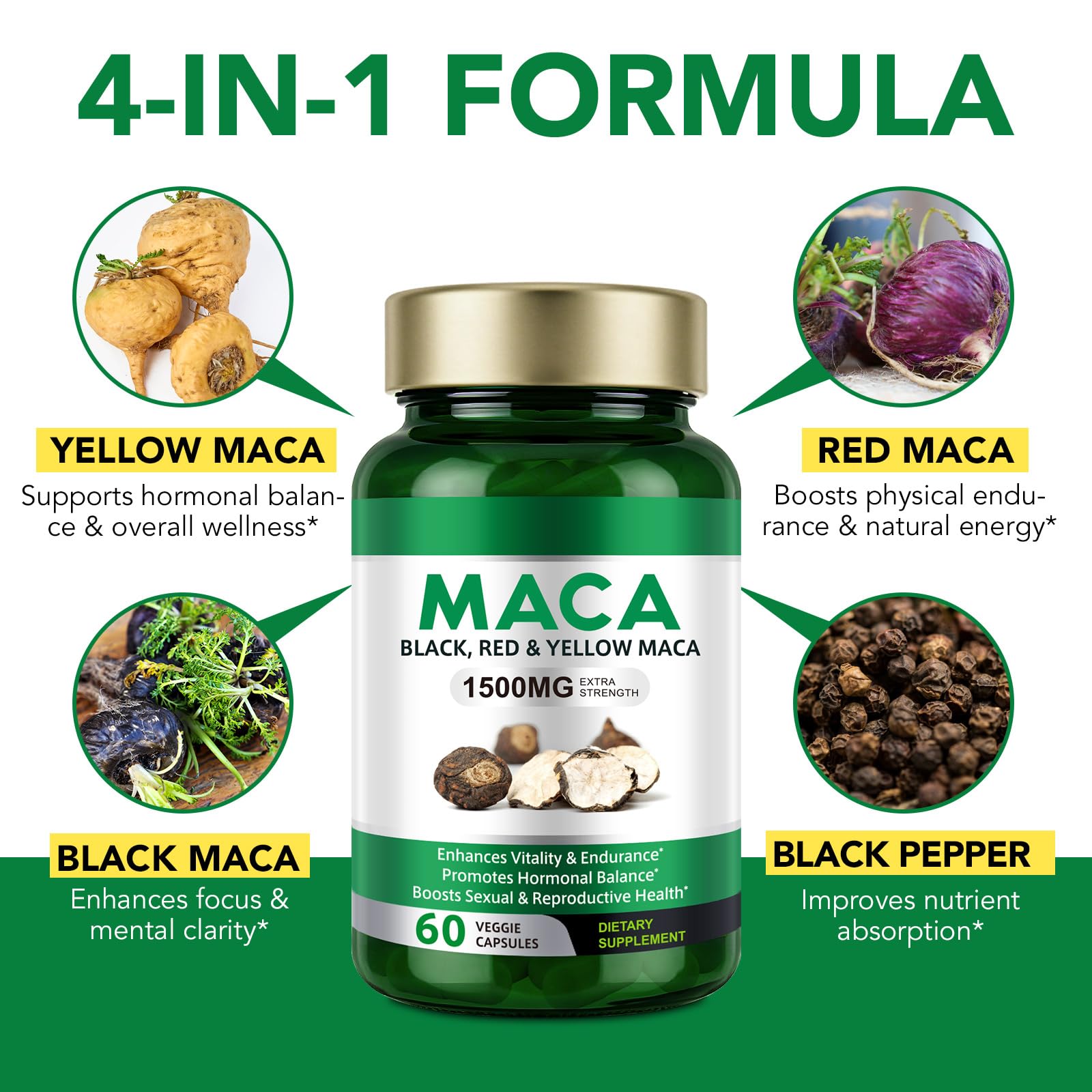 Vceeoy Maca Root, Black Pepper Extract Capsules for Women & Men with 1500 mg Black, Red & Yellow Maca,Gives Energy Boost -60 Capsules, Easy to Swallow - Medaid International