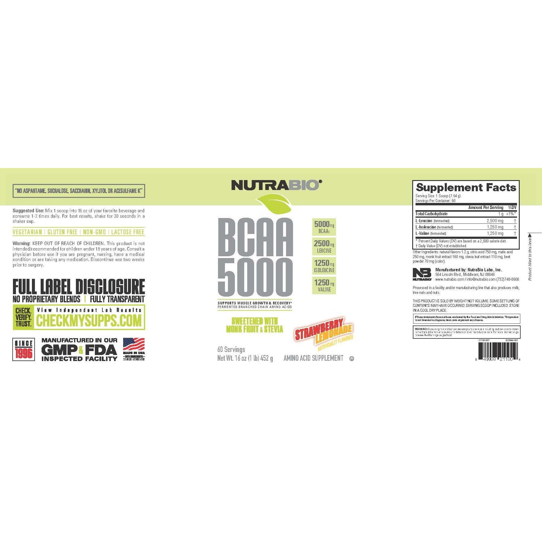 NutraBio BCAA 5000 Powder - Fermented Branched Chain Amino Acids for Muscle Growth & Recovery - Natural Flavors, Sweeteners, and Coloring, Vegan, Gluten Free - Strawberry Lemonade, 60 Servings - Medaid International