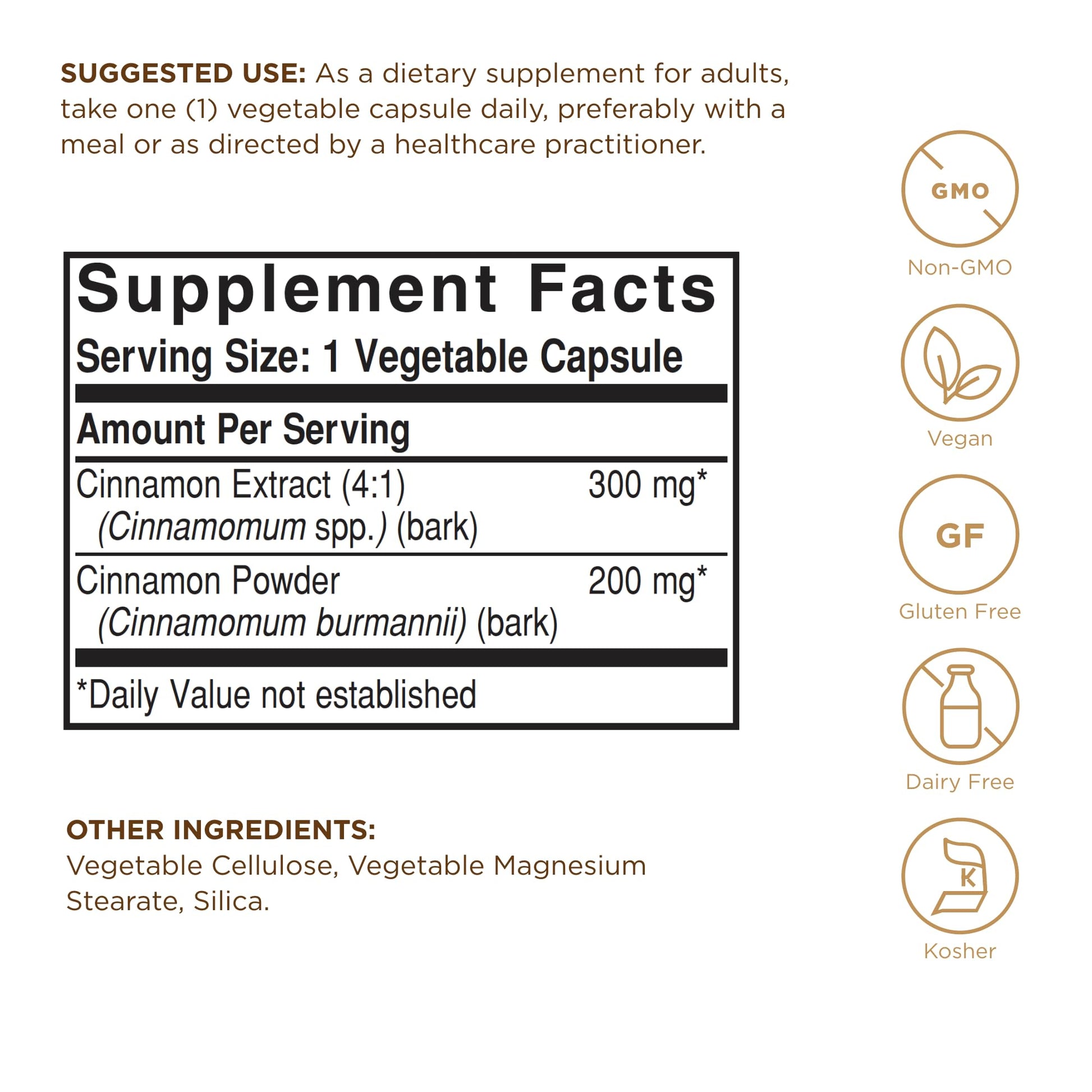 Solgar Cinnamon - 100 Vegetable Capsules - Full Potency (FP) - Non-GMO, Vegan, Gluten Free, Dairy Free, Kosher - 100 Servings - Medaid International
