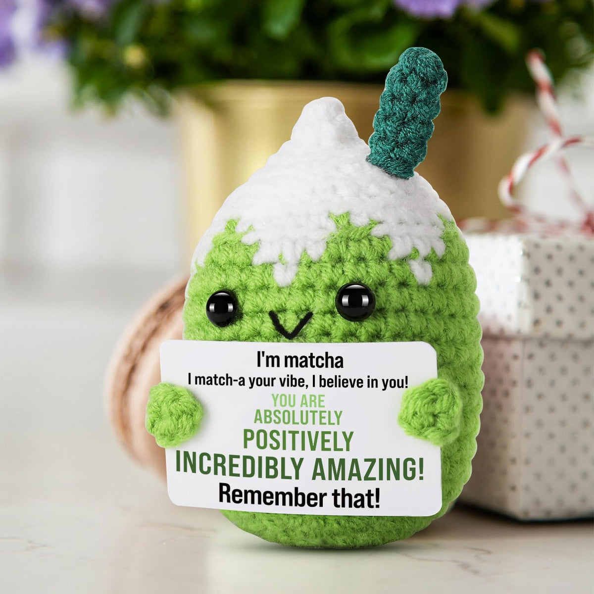 KASTWAVE Crochet Matcha Buddy Doll, with Positive Vibes Card, Handmade Emotional Support Crochet Inspirational Gifts, Inspirational Birthday Gift for Girlfriend Gifts, Coworker, Employee, Boss Gift