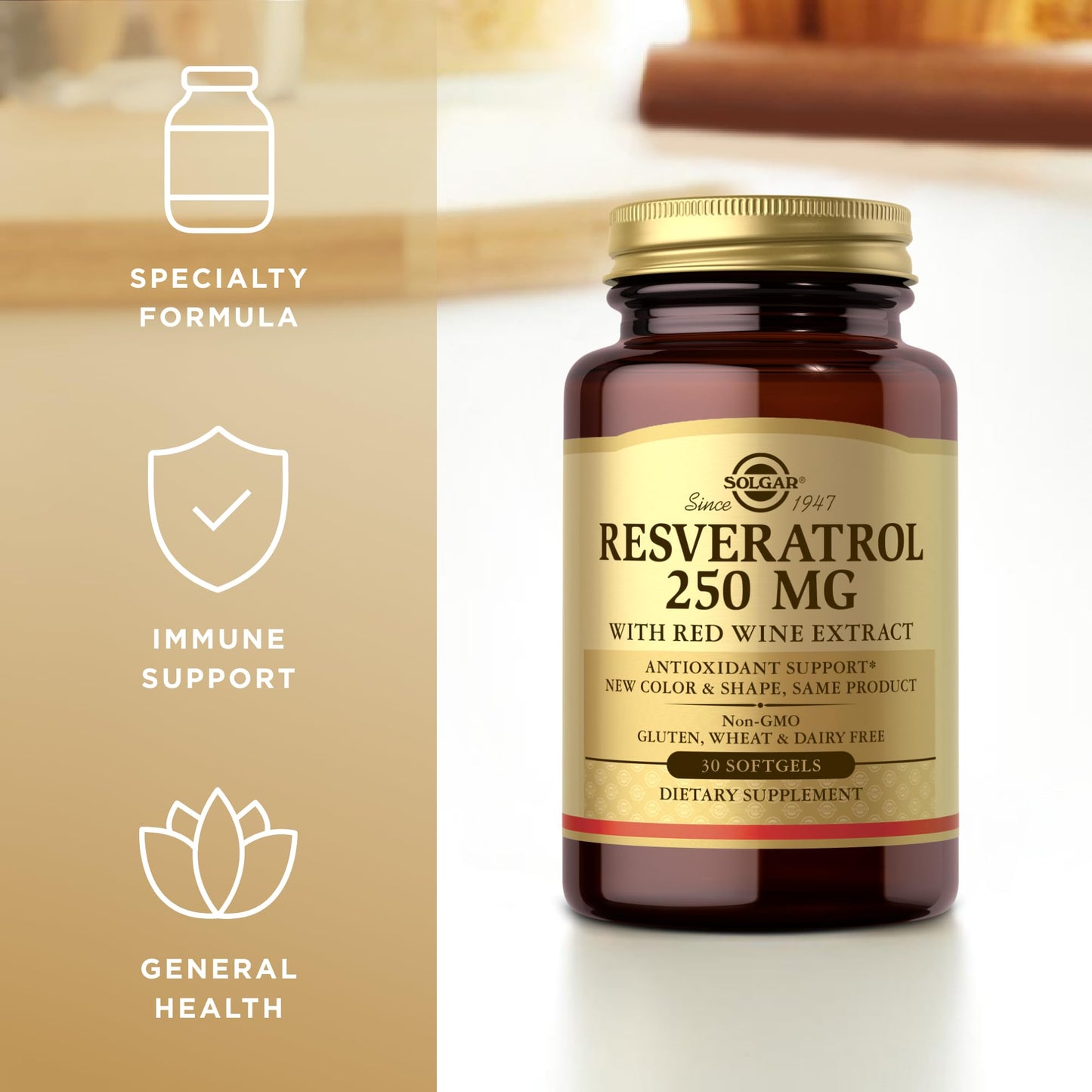 Solgar Resveratrol 250 mg with Red Wine Extract - 30 Softgels - Antioxidant Support - Non-GMO, Gluten Free, Dairy Free - 30 Servings - Medaid International