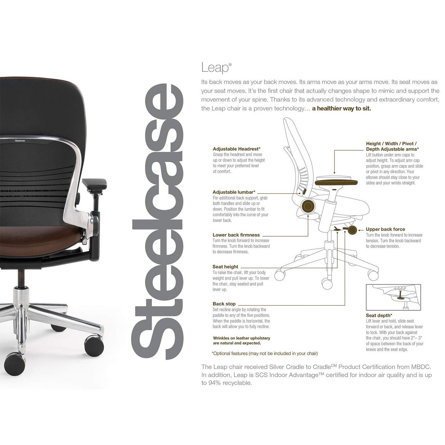Steelcase Leap Desk Task Chair in Buzz2 5F17 Black Fabric - 4-Way Highly Adjustable Arms - Black Frame and 7" Tall Seat Height Base - Soft Dual Wheel Hard Floor Casters - Medaid International