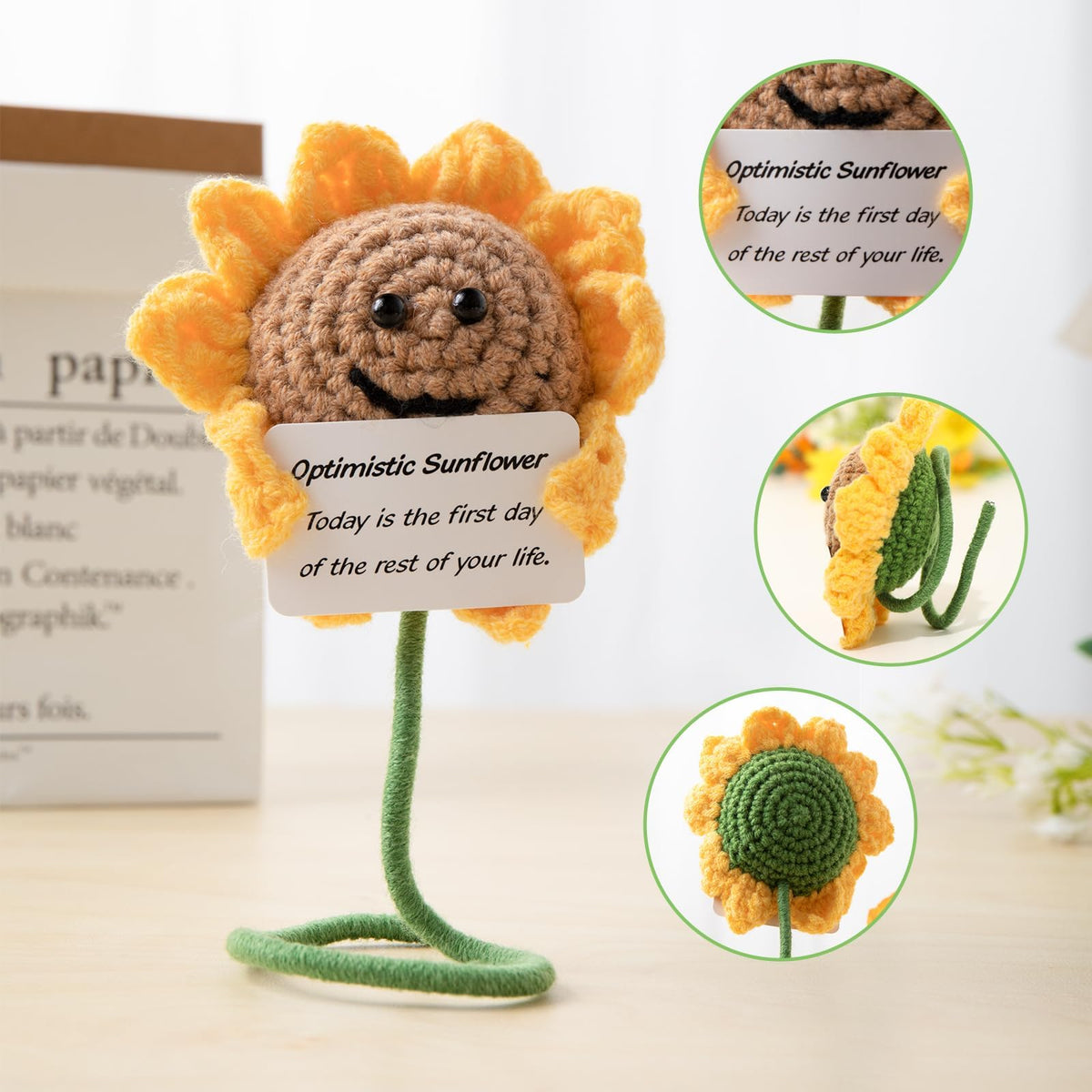 KASTWAVE Positive Flower Doll, Gifts Funny Crochet Flower Knitted Toy with Positive Card, Soft Handmade Wool Knitted Encouragement Gifts for Birthday Gifts, Room Decor, Positive Sunflower