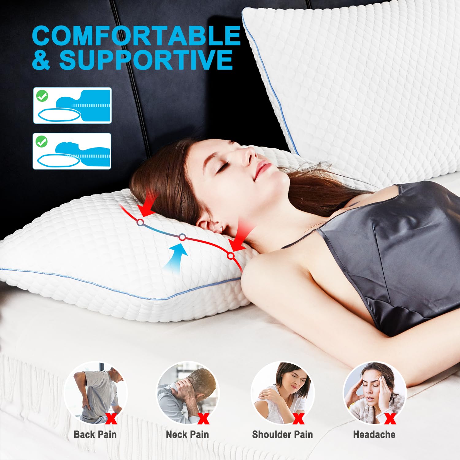 VVZ Cooling Bed Pillows Queen Size Set of 2, Shredded Memory Foam Pillows for Side Back Stomach Sleepers, Luxury Cool Gel Adjustable Firm Bed Pillows for Sleeping 2 Pack Queen Size 20 x 30 Inches - Medaid International