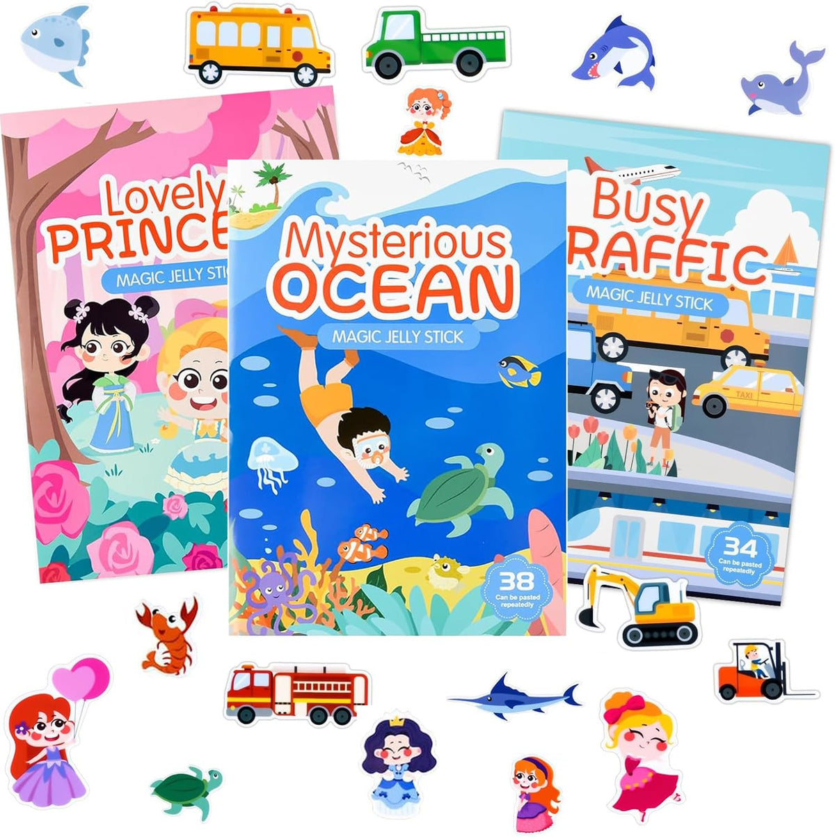KASTWAVE 3-Pack Reusable 3D Sticker Books | Toddler Activity Scenes for Ages 2-4, Educational Learning Toys & Gifts for Boys & Girls