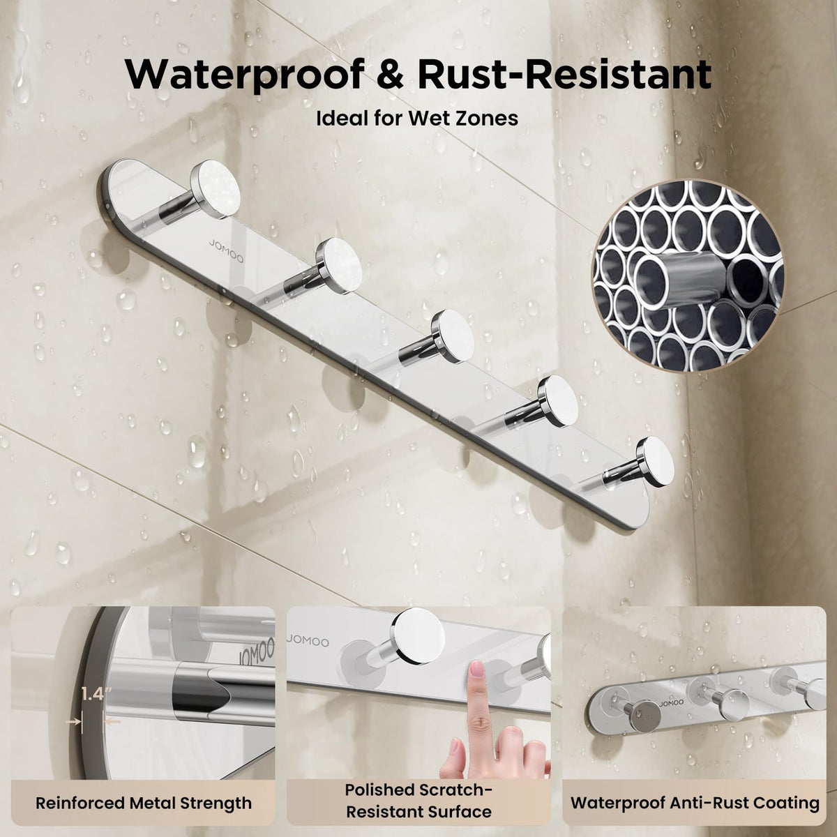 JOMOO Bathroom Robe Hook, Stainless Steel 2 Pack Adhesive Wall Hooks for Bathroom,No Drill Towel Hooks for Bathrooms, Metal Robe Hook Rack Wall Mount