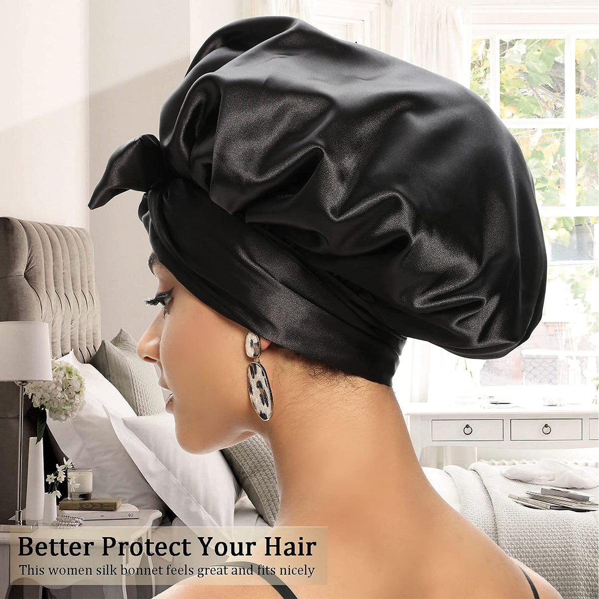 Satin Bonnet for Black Women, KASTWAVE Jumbo Silk Bonnet for Curly Hair, Silk Hair Wrap for Sleeping, Satin Bonnet with Stretchy Tie Band, Silk Bonnet for Curly Hair Wraps for Sleeping (Black)