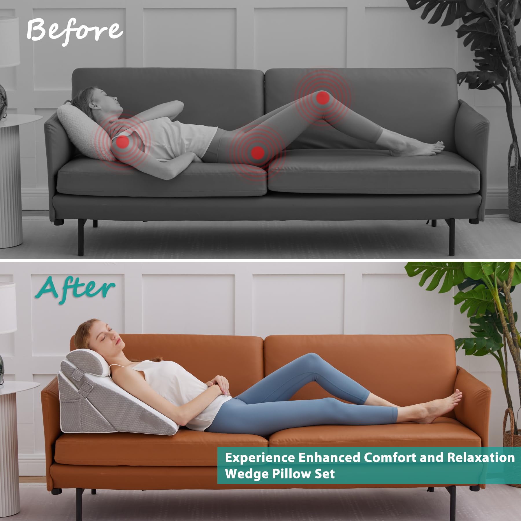Bedluxe Wedge Pillow Headboard, 3PCS Orthopedic Bed Wedge Pillows Set for After Surgery, Adjustable Pillow Wedge for Acid Reflux&Back Pain Relief, Sleeping, Back Pillow for Bed Sitting Up, White/Grey - Medaid International