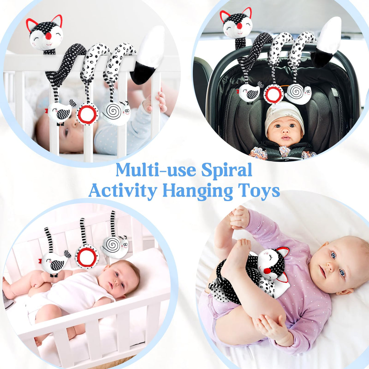 KASTWAVE Infant Car Seat and Stroller Toys - Black and White High Contrast Fox Spiral Activity Plush with Hanging Rattles, Ideal Visual Development Toy for Newborns and Babies, Gift for Girls and Boys