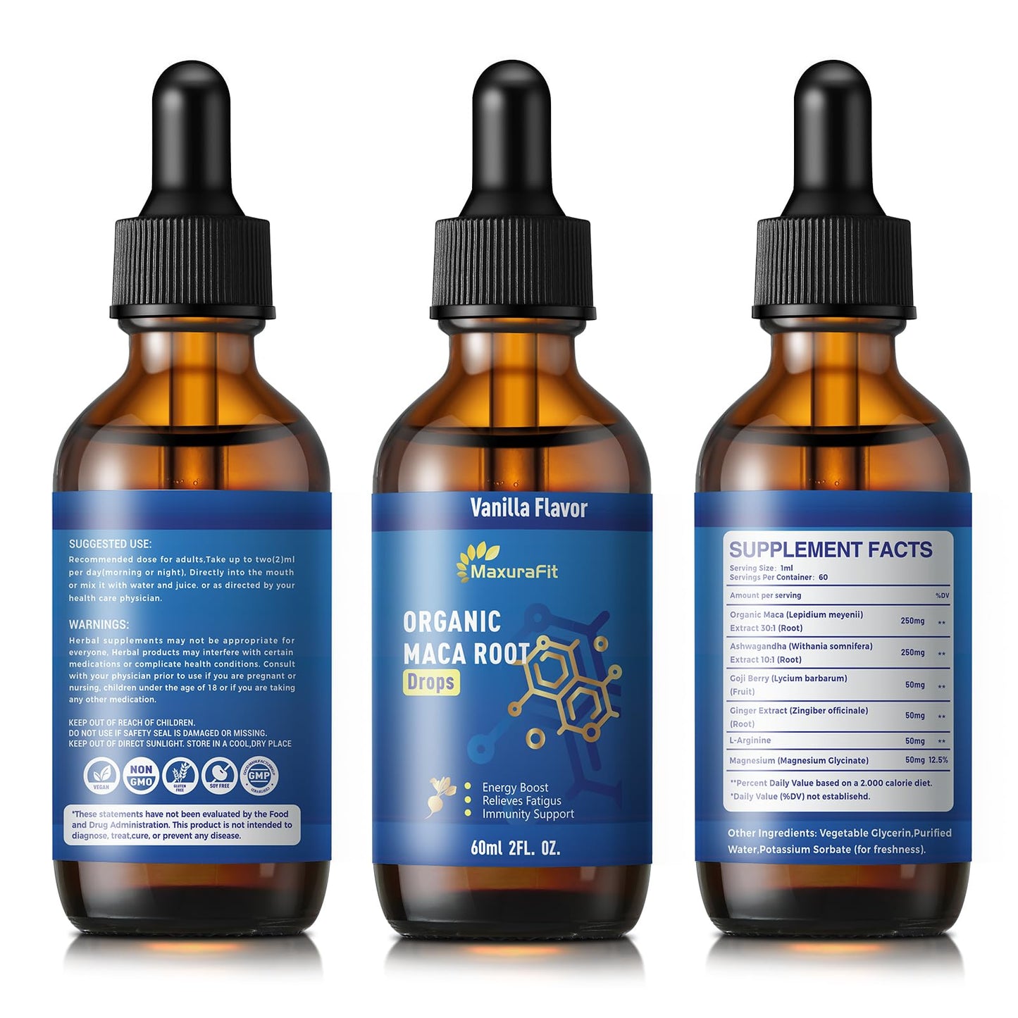 Maca Root Ashwagandha Liquid Drops - Maca and Ashwagandha Supplements with Goji Berry,Ginger Extract,L-Arginine and Magnesium Enhanced Energy 2 fl oz - Medaid International