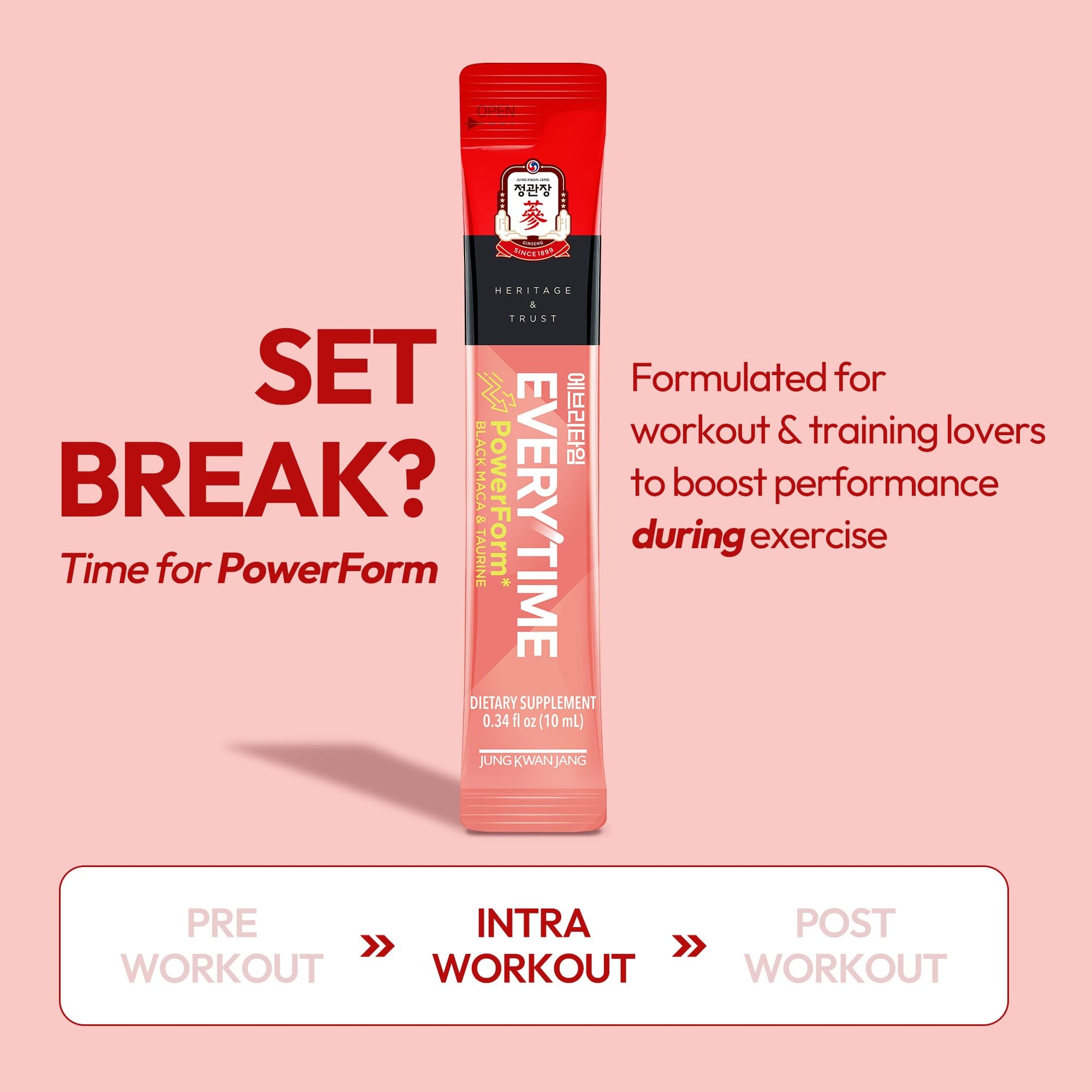 JUNG KWAN JANG US Everytime PowerForm - Intra Workout Herbal Energy Drink Packets with Korean Red Ginseng, Black Maca Root & Taurine - Non GMO (0.33 fl oz, 10 Sticks) - Medaid International