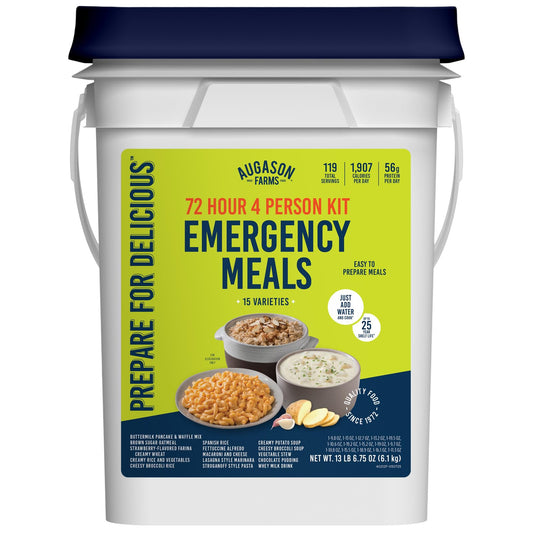 Augason Farms Four Person 72 Hour Emergency Food Supply, 119 Servings, 25 Year Shelf Life, Feeds 4 People - Survival Food Camping Essentials, Family Meals Prepared Dinner, Lunch, and Breakfast