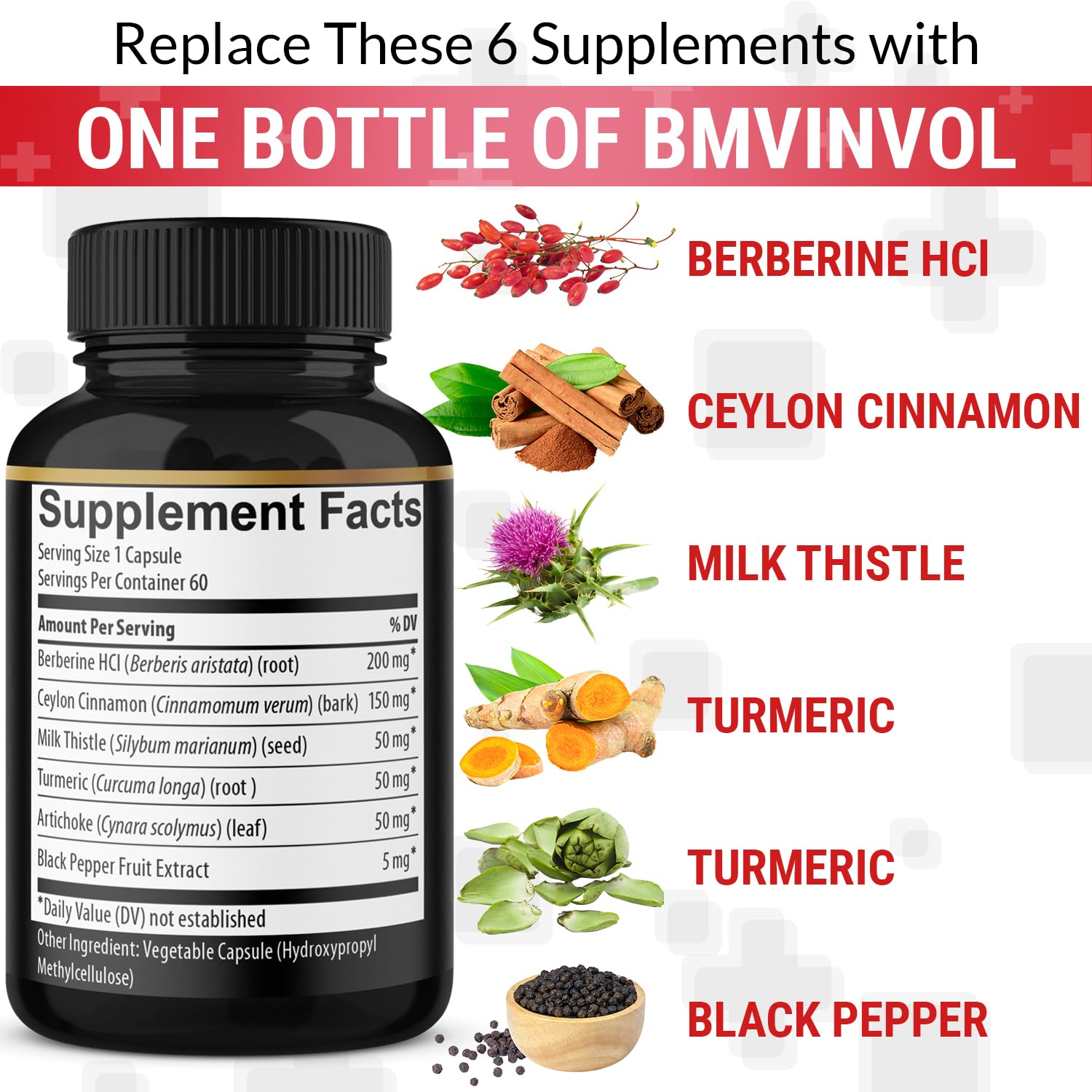 Berberine with Ceylon Cinnamon, Turmeric, Milk Thistle, Artichoke, Black Pepper - 60 Count - Pack of 1 - Medaid International
