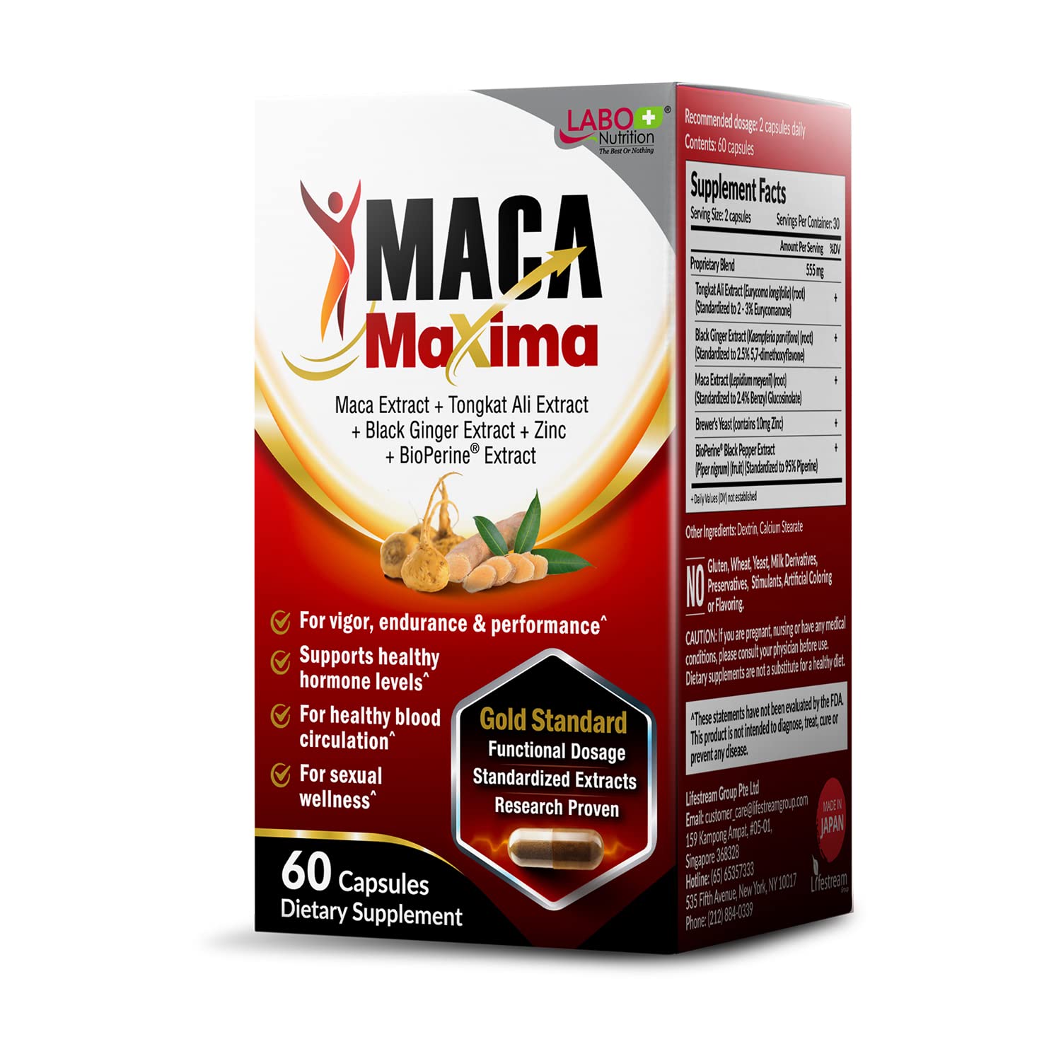 LABO Nutrition MacaMaxima Peruvian Maca Root, Tongkat Ali, Black Ginger, Zinc and Black Pepper Extract Supplement for Men and Women, Supports Reproductive Health, Energy, Stamina- Non-GMO, Vegan Pills - Medaid International
